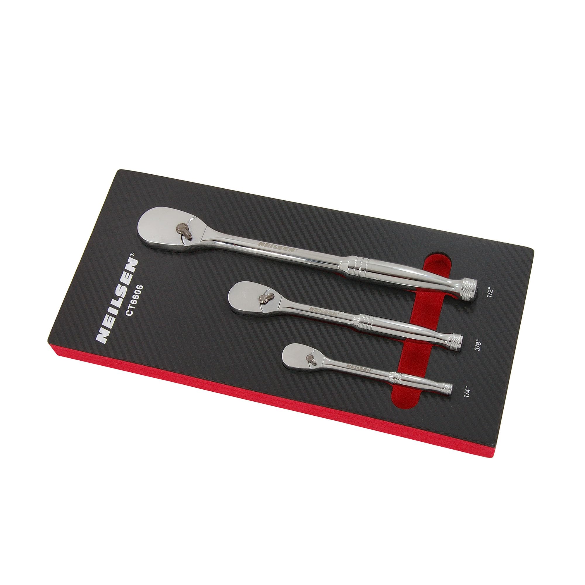 Neilsen Socket Pear Head Ratchet Handle Set 1/4"" 3/8"" 1/2"" 90T Set EVA Foam 3pc