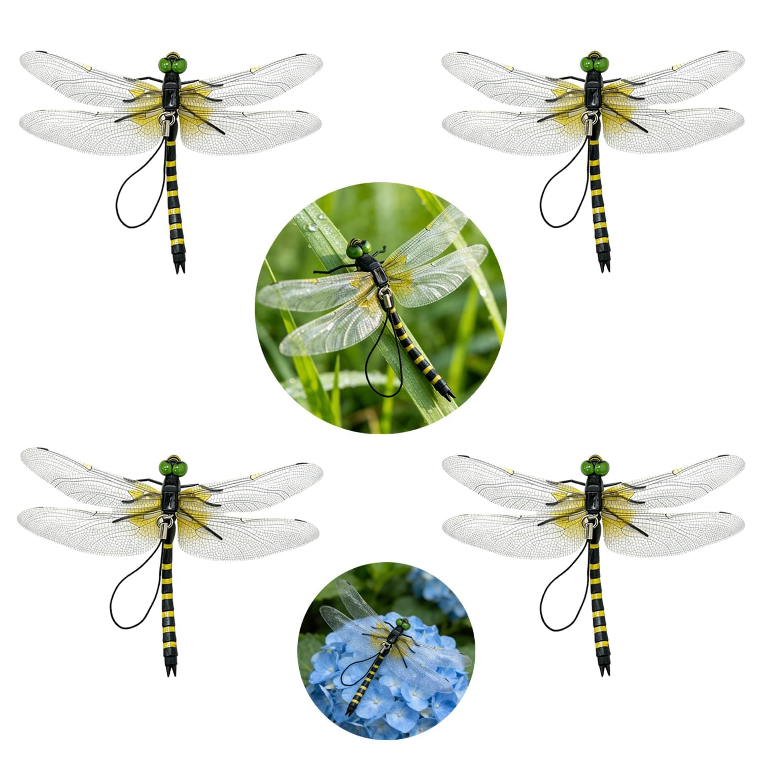 LANQEAOR 4 Pack Dragonfly Clips, Lifelike Artificial Dragonfly Decorations with Clip Fastening for Hats, Backpacks, Plants, Tents and Garden Display, Lightweight Outdoor Ornament Set