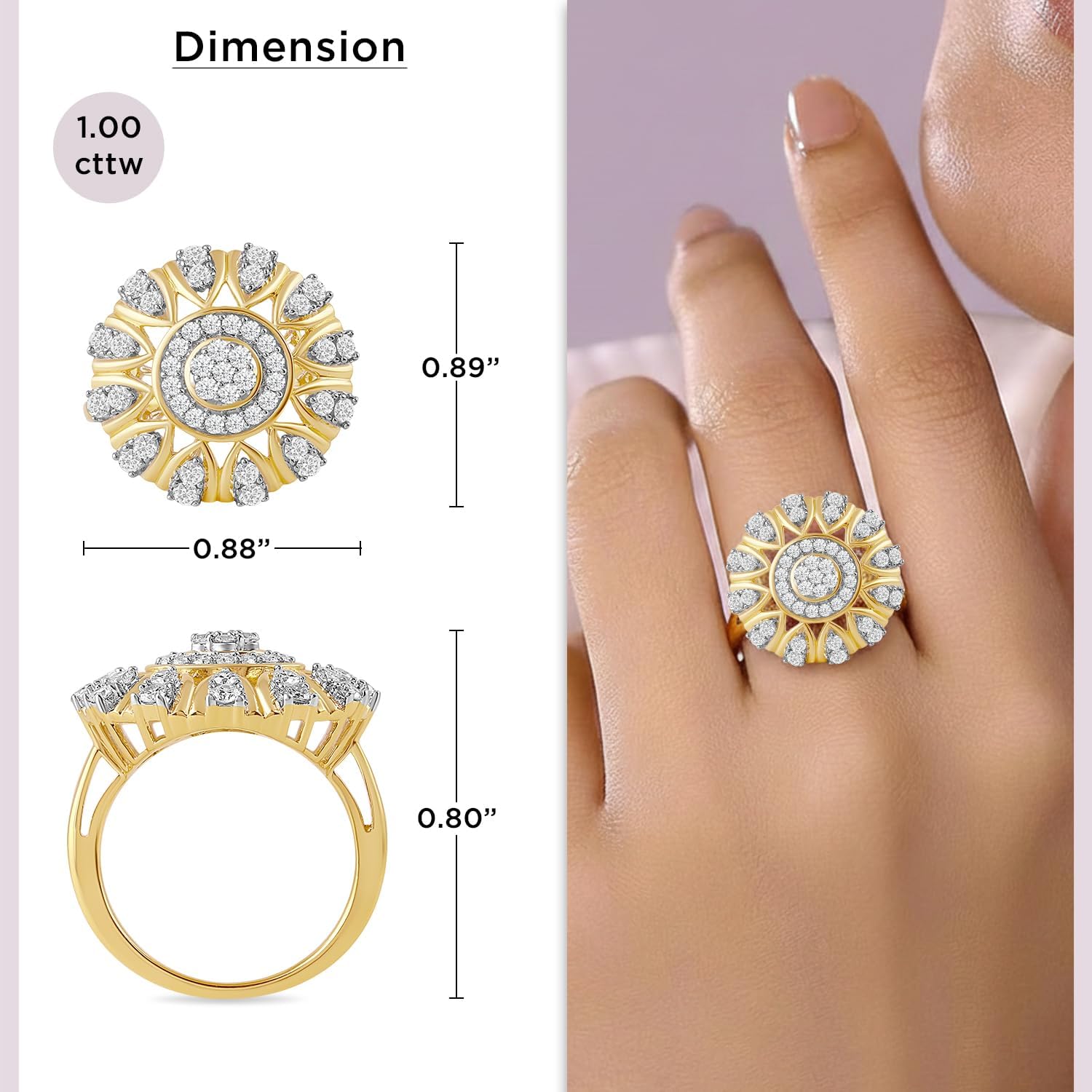 Jewelili Yellow Gold Plated Sterling Silver Halo Engagement Ring | I Color I2 Clarity 1 CTTW Round Lab Grown Diamonds | Ring Size 6, 7 & 8 | Luxury Bridal & Wedding Jewelry for Her | Gift Box Included