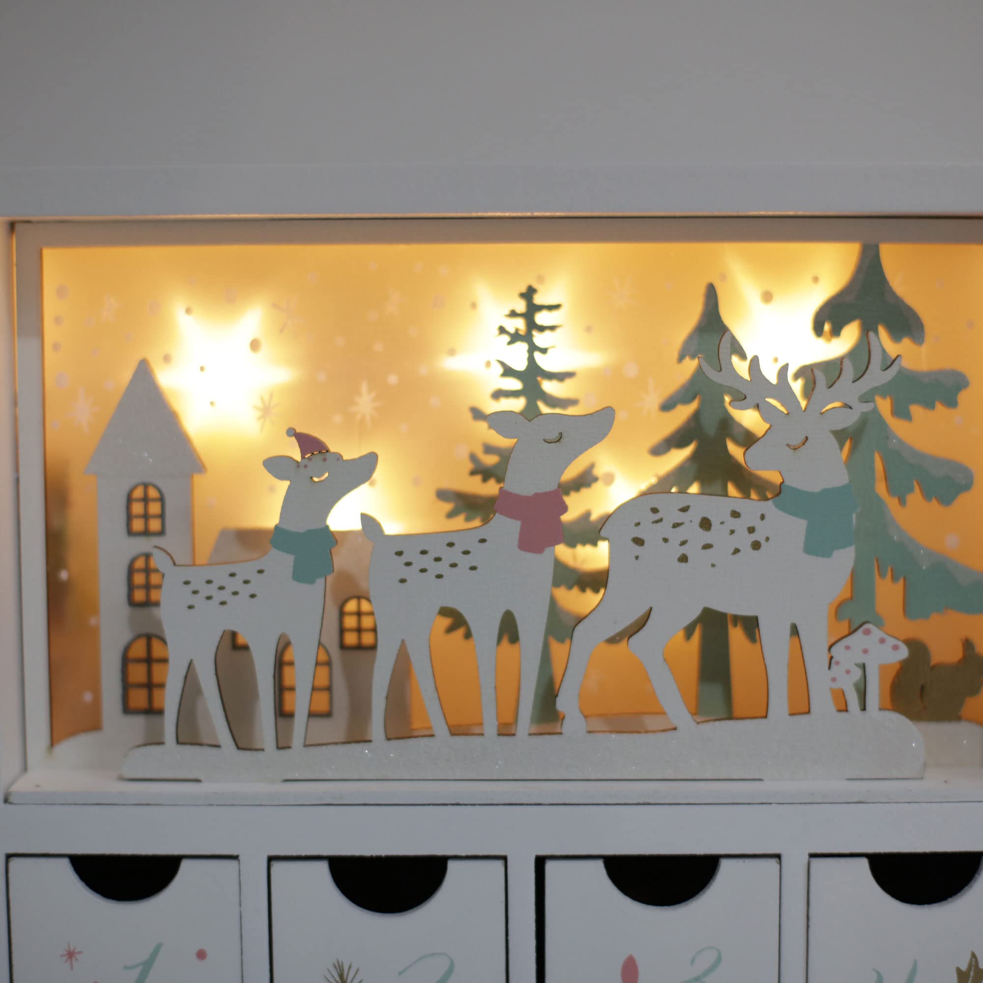PE Calendario de Adviento de madera de Navidad con cajones, escena de invierno, calendarios rellenables con luz LED, decoración de cuenta regresiva para adultos y niños (blanco)