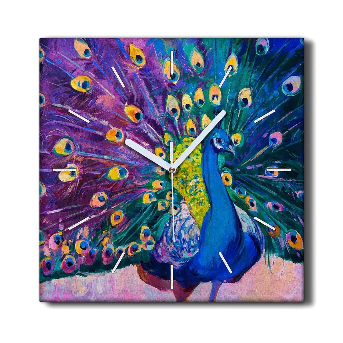 Horloge sur toile 30x30 cm Coloray plumes d'oiseaux pour salon