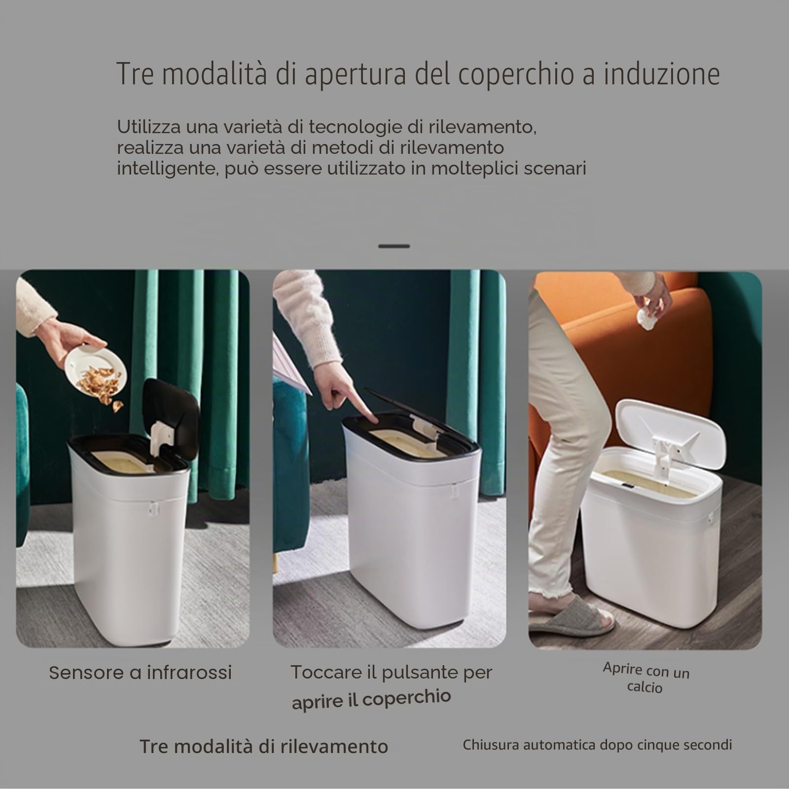 Cestino da Bagno con Coperchio Pattumiera Automatica Impermeabile, Cestino Intelligente Sottile da 12 L, Pattumiera Stretta con Sensore di Movimento e Sacchi la Spazzatura, per Cucina, Bianco