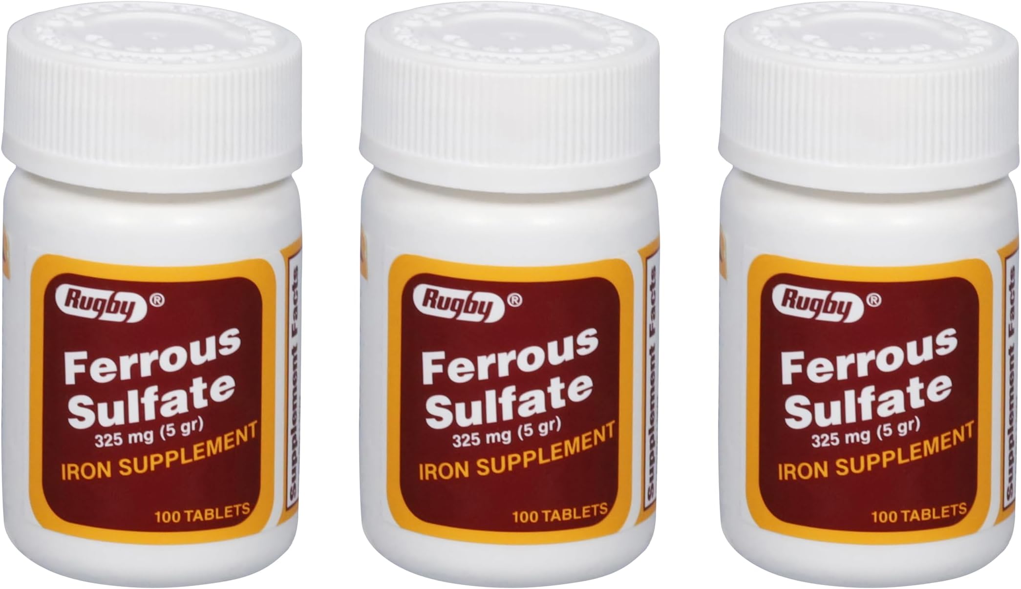 Rugby Ferrous Sulfate 325mg Tablets - Iron Supplement for Women and Men - 100 Count (3 Pack)
