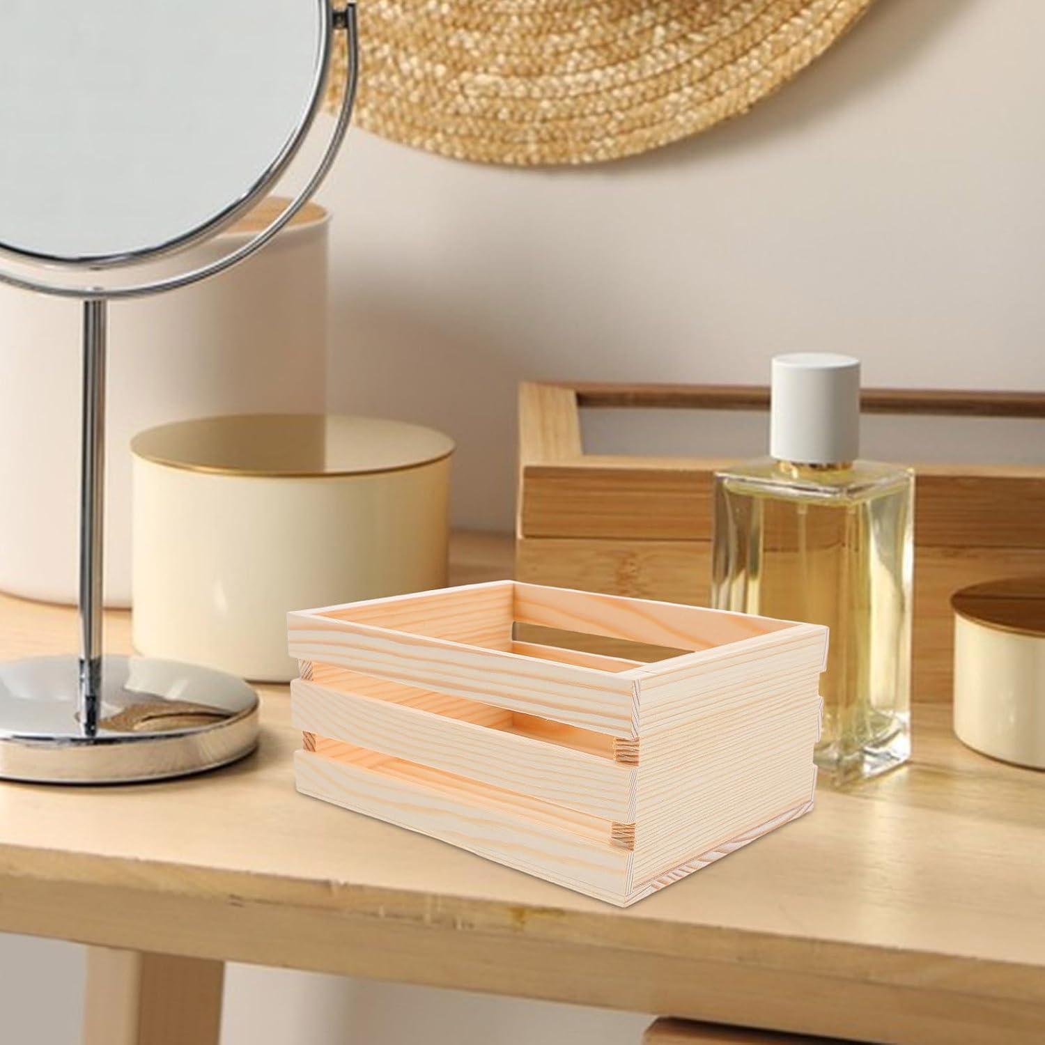 Garneck Mini Wooden Desk Storage Basket with Hollow Design Beige image 5