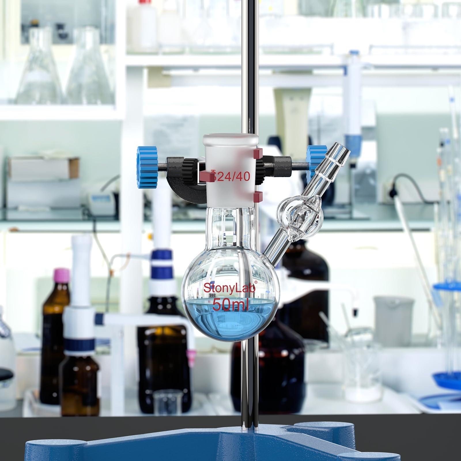 stonylab Pallone di Reazione con Rubinetto in Vetro, Giunto 24/40, Pallone a Fondo Tondo Monocollo in Vetro Borosilicato, per Esperimenti e Applicazioni in Laboratorio, 50 ml