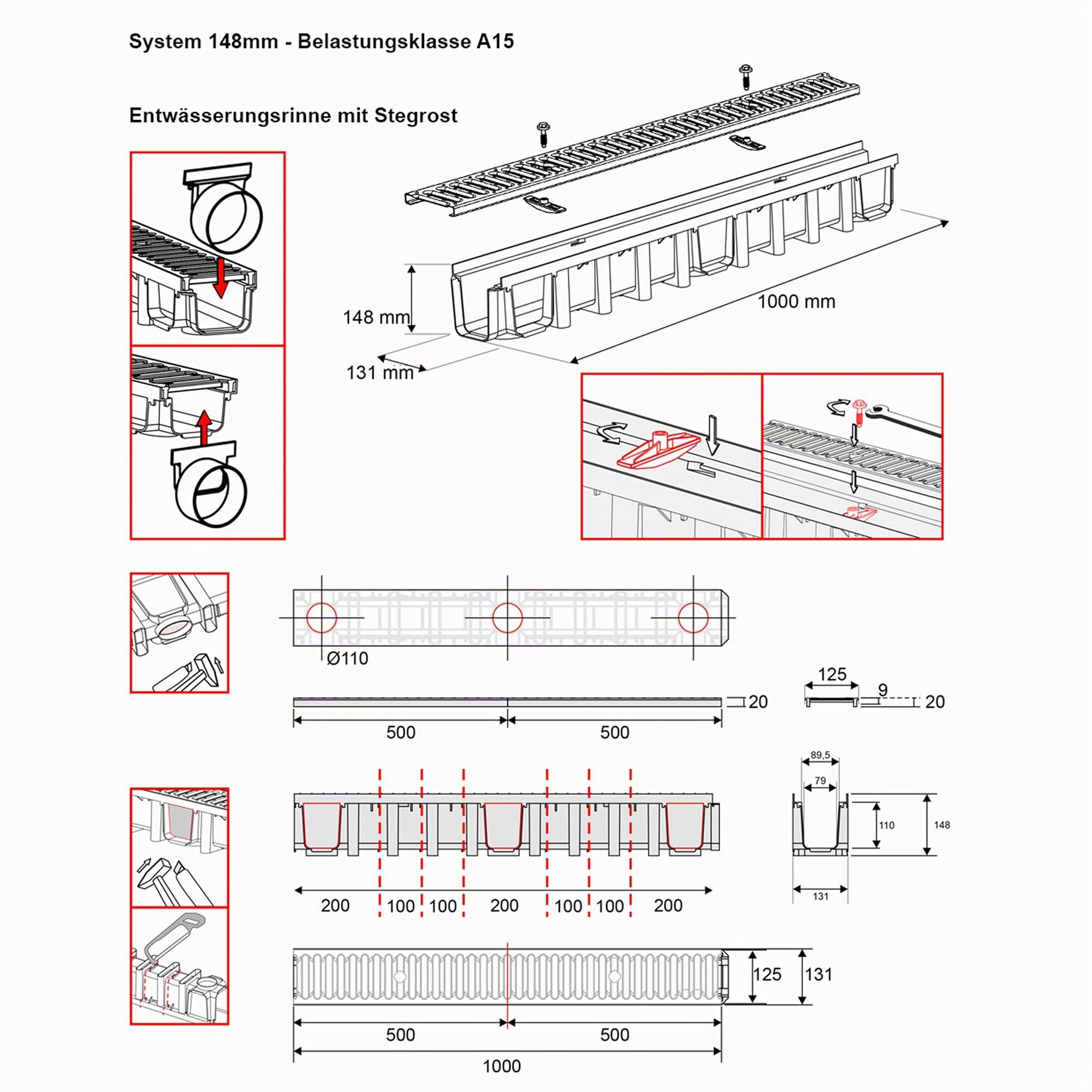 8m Entwässerungsrinne Terrassenrinne Stahlrost verzinkt komplett SET, System A15 148mm, inkl. Zubehör