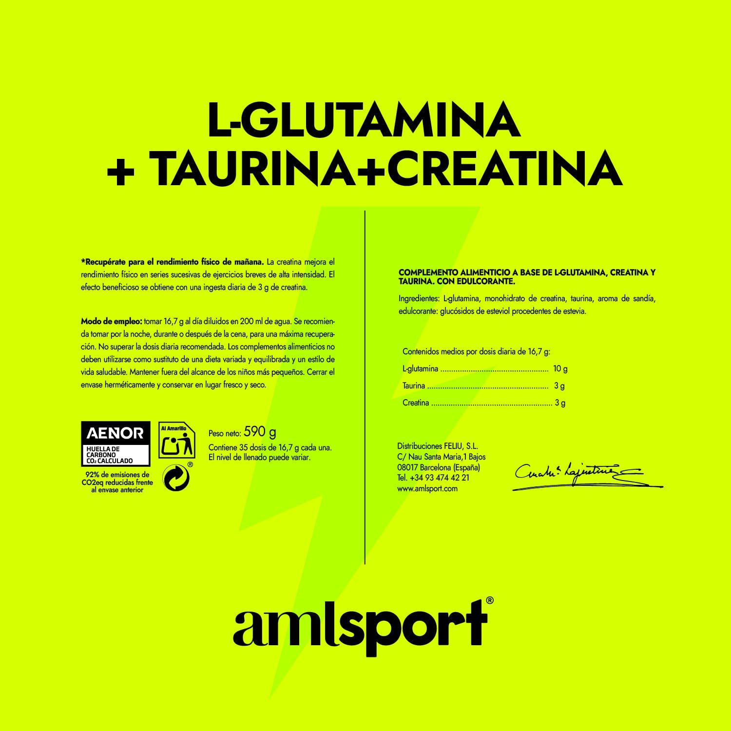 amlsport Ana Maria Lajusticia | L-Glutamina + Taurina + Creatina | Sabor Sandía | 590 Gr | Sin Gluten | Sin Lactosa | Apto para Veganos | Contribuye al Rendimiento Físico | Envase para 35 Días
