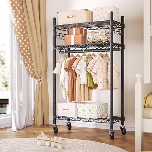 Miniatura 8 de Perchero portátil con ruedas para colgar ropa, perchero de alambre ajustable resistente con cesta y barra de colgador, estante de metal