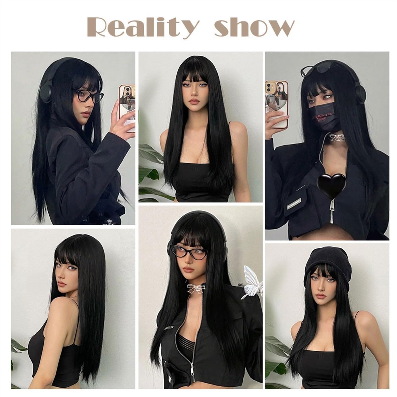 Peruki z koronką falową Naturalna peruka termoodporna długie jedwabiście proste peruki syntetyczne z grzywką czarne na imprezę Cosplay Lolita włosy peruki dla kobiet Peruki z naturalnych włosów syntet