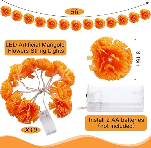 Vista 2 de VIHOSE Guirnalda de caléndula iluminada de 50 pies, 10 luces LED, flores de caléndula artificiales, decoraciones del día de los muertos, decoración