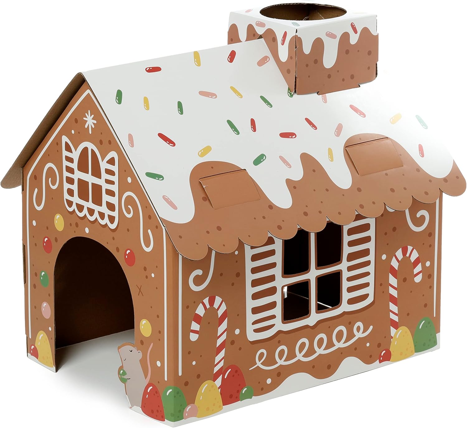 Puckator Christmas Gingerbread Lane Cat Playhouse Build it Yourself Cardboard Cat Den Tree Tower - Scratch Post - Cats Play Shelter House - Kitten Den Beds For Indoor - Accessories - Bed Cave Kennel