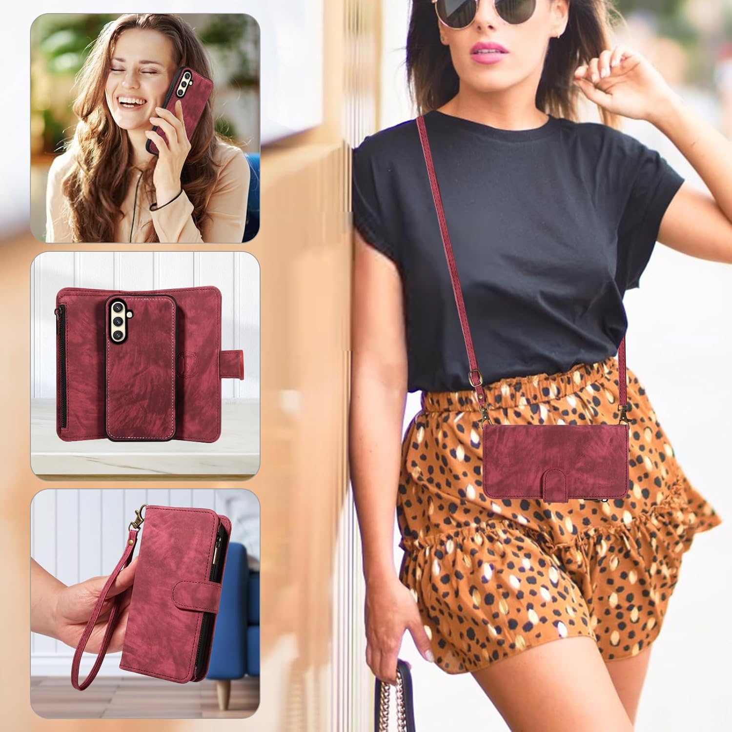 Asuwish Phone Case for Samsung Galaxy S24/S25 5G Zipper Wallet Magnetic Cell Cover with Tempered Glass Screen Protector Crossbody Wrist Strap Flip Credit Card Holder Purse S 24 25 Women Girls Red