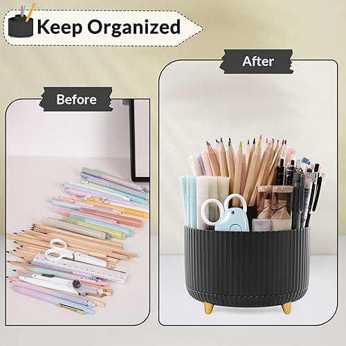 Miniatura 4 de SKYDUE Organizador de escritorio giratorio de 360 grados, soporte de lápiz de doble propósito para escritorio, organizador de bolígrafos de