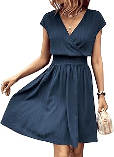 Women's Short Batwing Sleeve Cross Wrap V-Neck A-line Casual Swing Dress Plain Shirred Flared Short Dress - Buy now