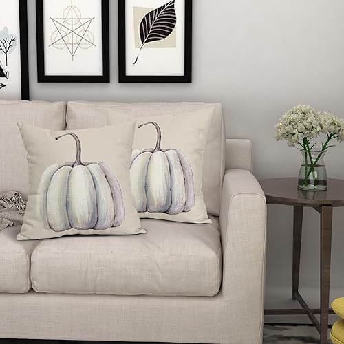Miniatura 7 de Juego de 2 fundas de almohada de calabaza gris y blanca de 18 x 18 pulgadas, fundas de almohada cuadradas de lino para decoración del hogar, sofá,