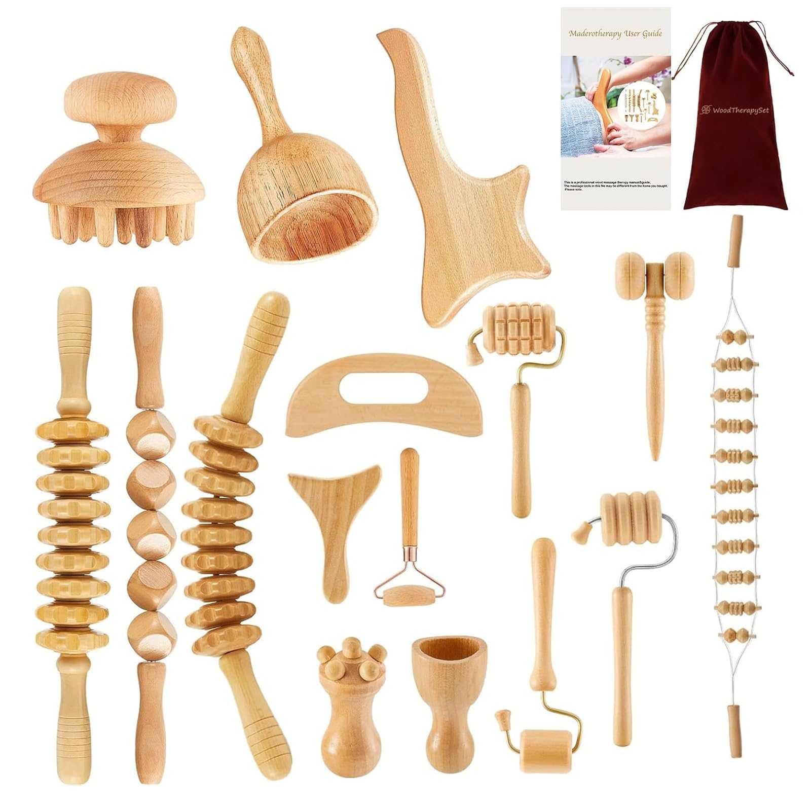 16Pcs Wood Therapy Massage Tools Set, Maderoterapia Massage Kit with Wooden Gua Sha Tools, Body Sculpting & Lymphatic Drainage Massager, Muscle Relaxation Roller for Face, Back, Legs & Full Body