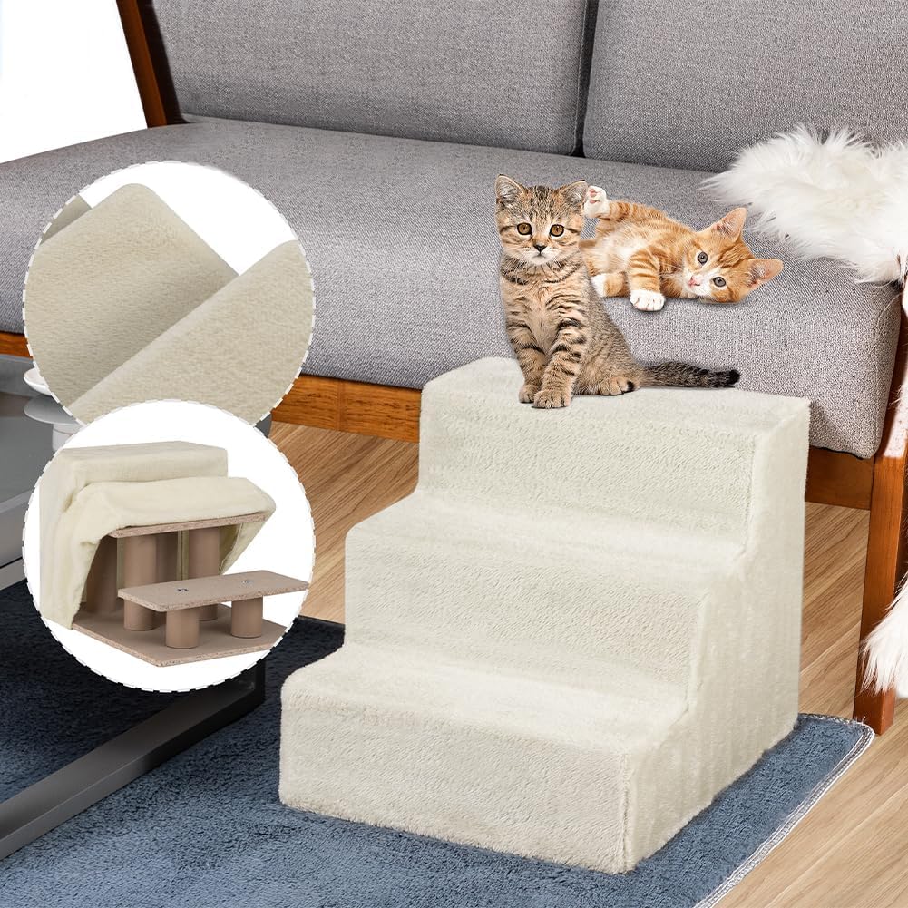 BAKAJI Scala per Animali Domestici con 3 Gradini e Rivestimento Sfoderabile in Peluche, Rampa per Gatti e Cani Anziani, Scaletta con Imbottitura ad Alta Densità, 45,5 x 36 x 34 cm… (Beige)