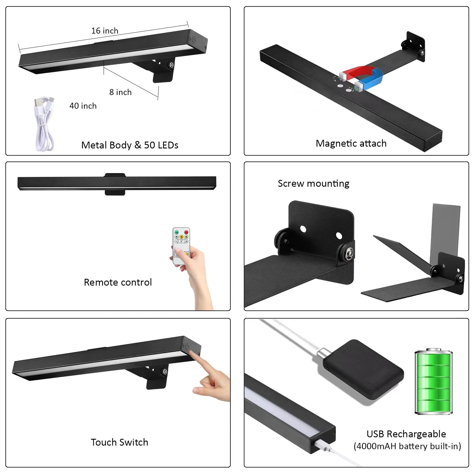 Rosteo Wireless Picture Lights with Remote, Rechargeable Battery Painting Light, Dimmable/Timer Off LED Dartboard Art Light, 16 Inch Full Metal Art Display with 50LEDs