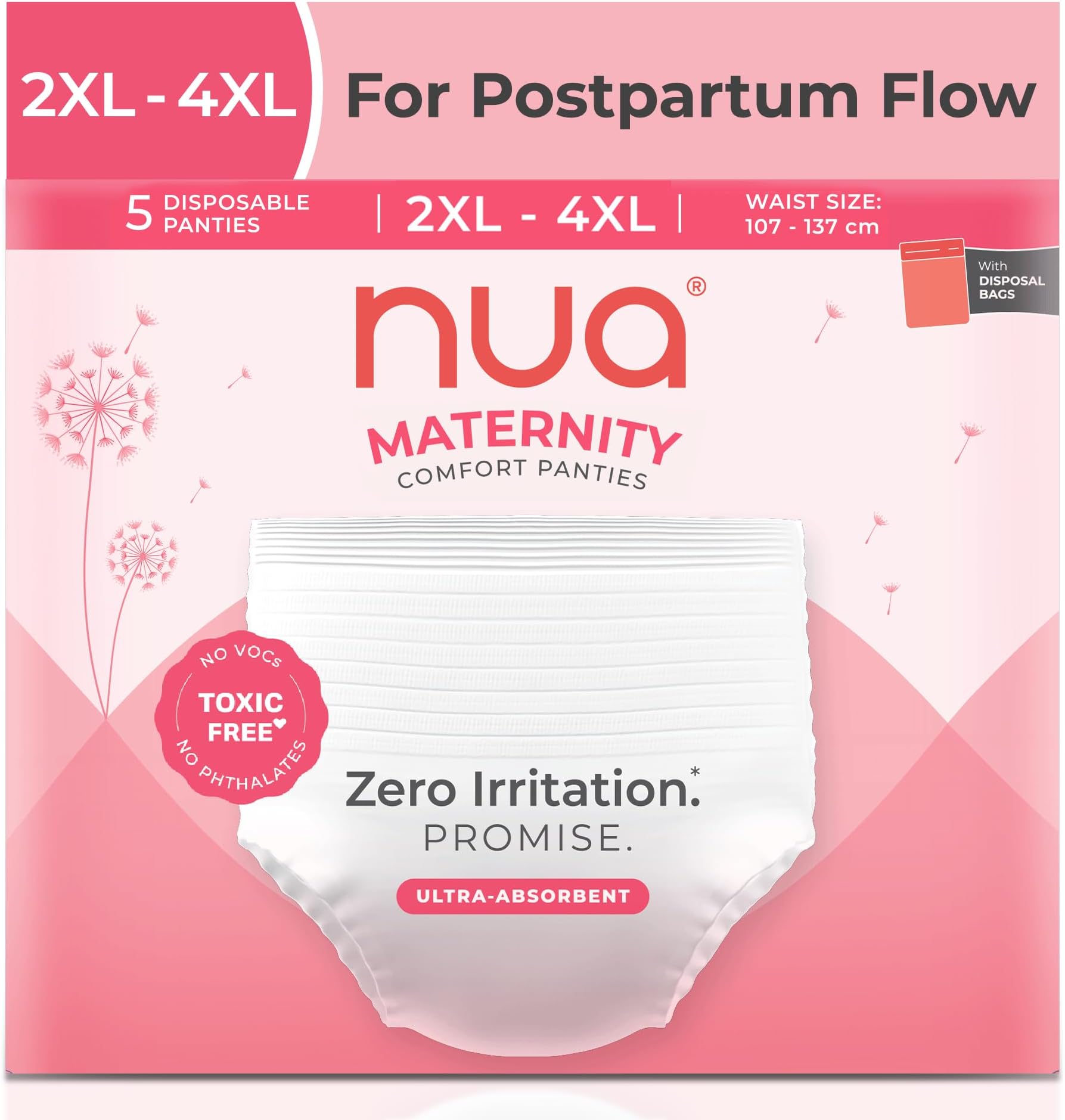 Nua Ultra Safe Maternity Pants XXL - XXXL (38"-54") Postpartum Bleeding & Clots 4x Absorbent 360 Degree Protection 25% Longer Absorbent Core Super Soft