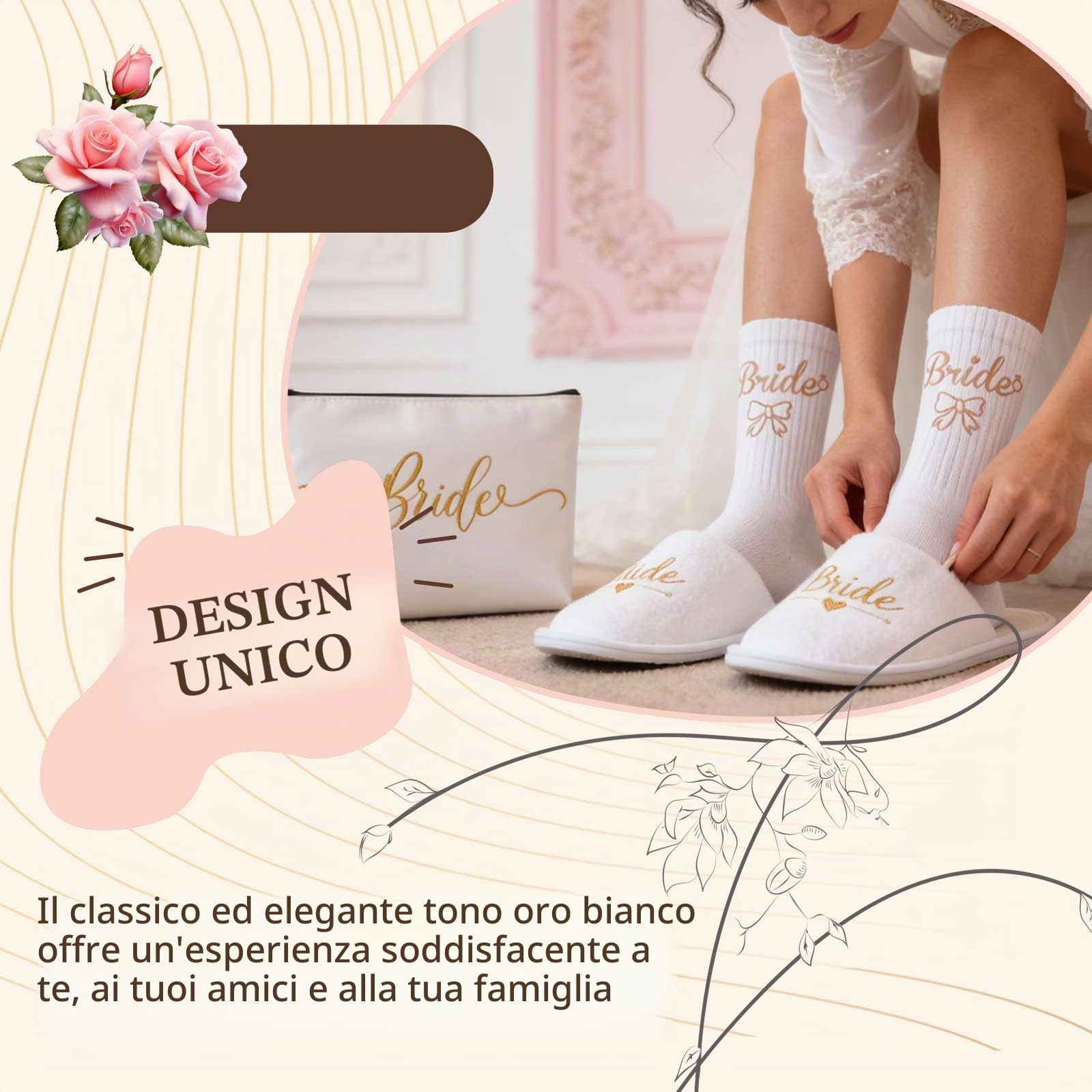 4 pezzi Set di regali per sposa Accessori JGA per donne Borsa in juta con borsa per cosmetici, pantofole, calzini, Borsa cosmetica Bride To Be JGA Borsa in juta per JGA, matrimonio, festa in spiaggia