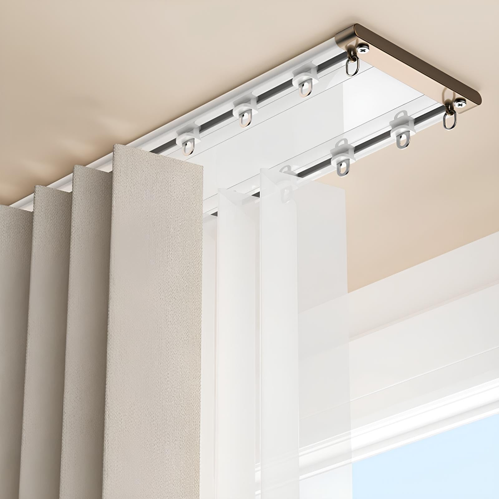 Dwurzędowy uchwyt sufitowy do zasłon, cichy, wytrzymały, aluminiowy zestaw prętów do dzielenia pokoju, ultracienki, niewidoczny system szyn do salonu i sypialni (biały, 115 cm)