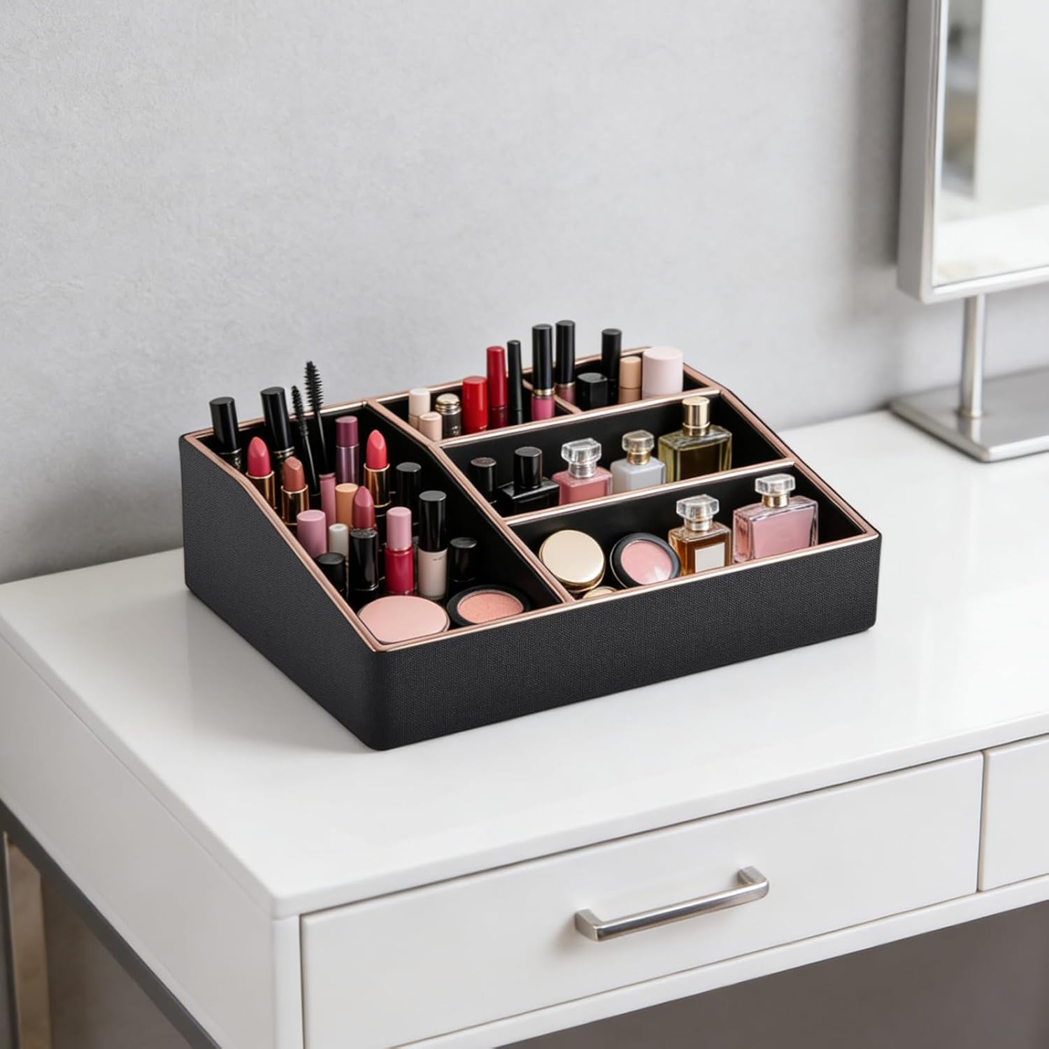 PU Leather Makeup Organizer with 5 Compartments, Large Vanity Organizer, Cosmetic Storage Case for Lipstick Brushes Skincare Perfume, Rose Gold-trimmed Desktop Organizer (Black, 5-compartments)