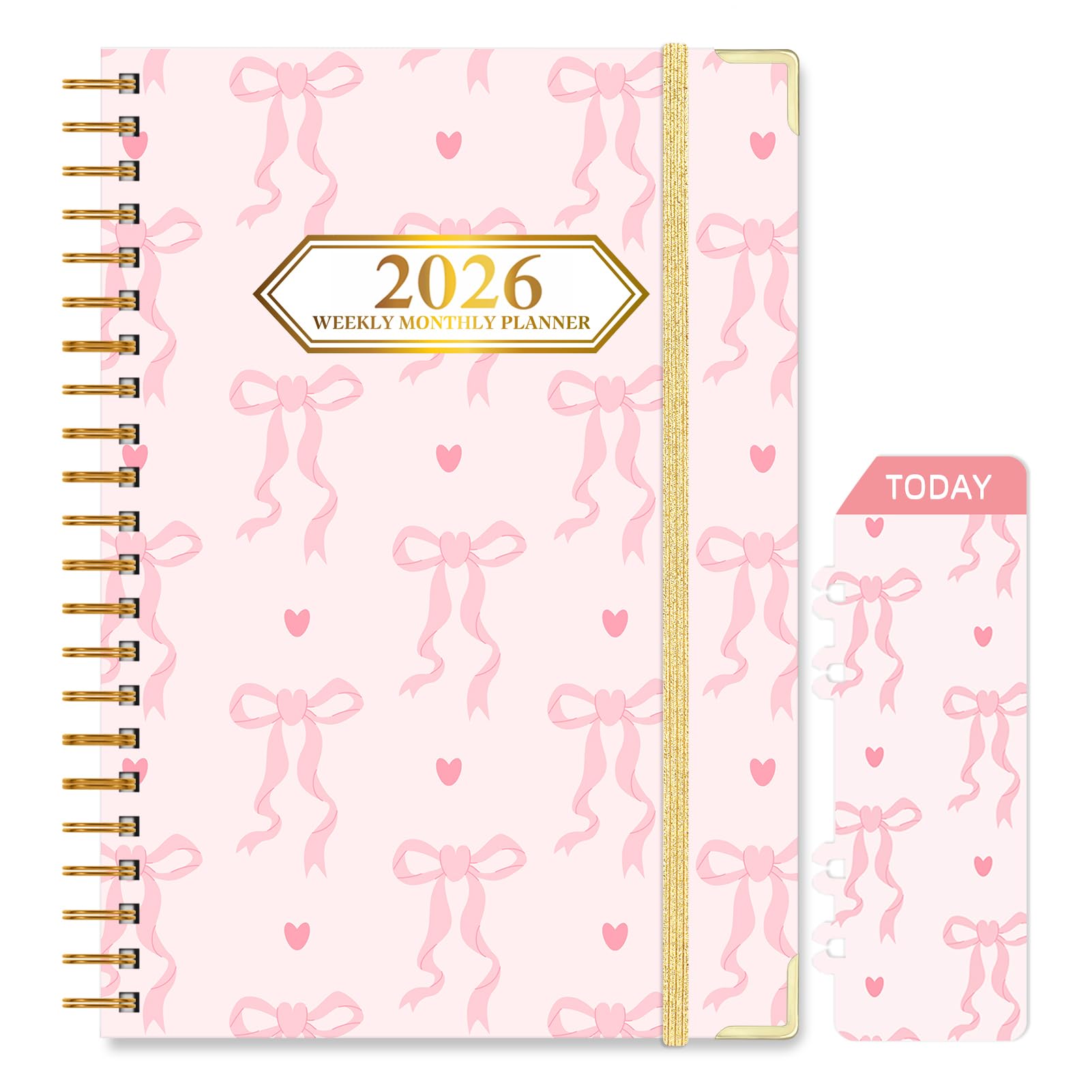 Knagsfa 2026 Monthly Planner, Jan.2026 - Dec.2026 Weekly Monthly Planner 6.25"x8.5" with Page Tabs, Calendar Hardcover with Inner Pocket, Elastic Band, Twin-Wire Binding, Bookmark, Love Heart Bow