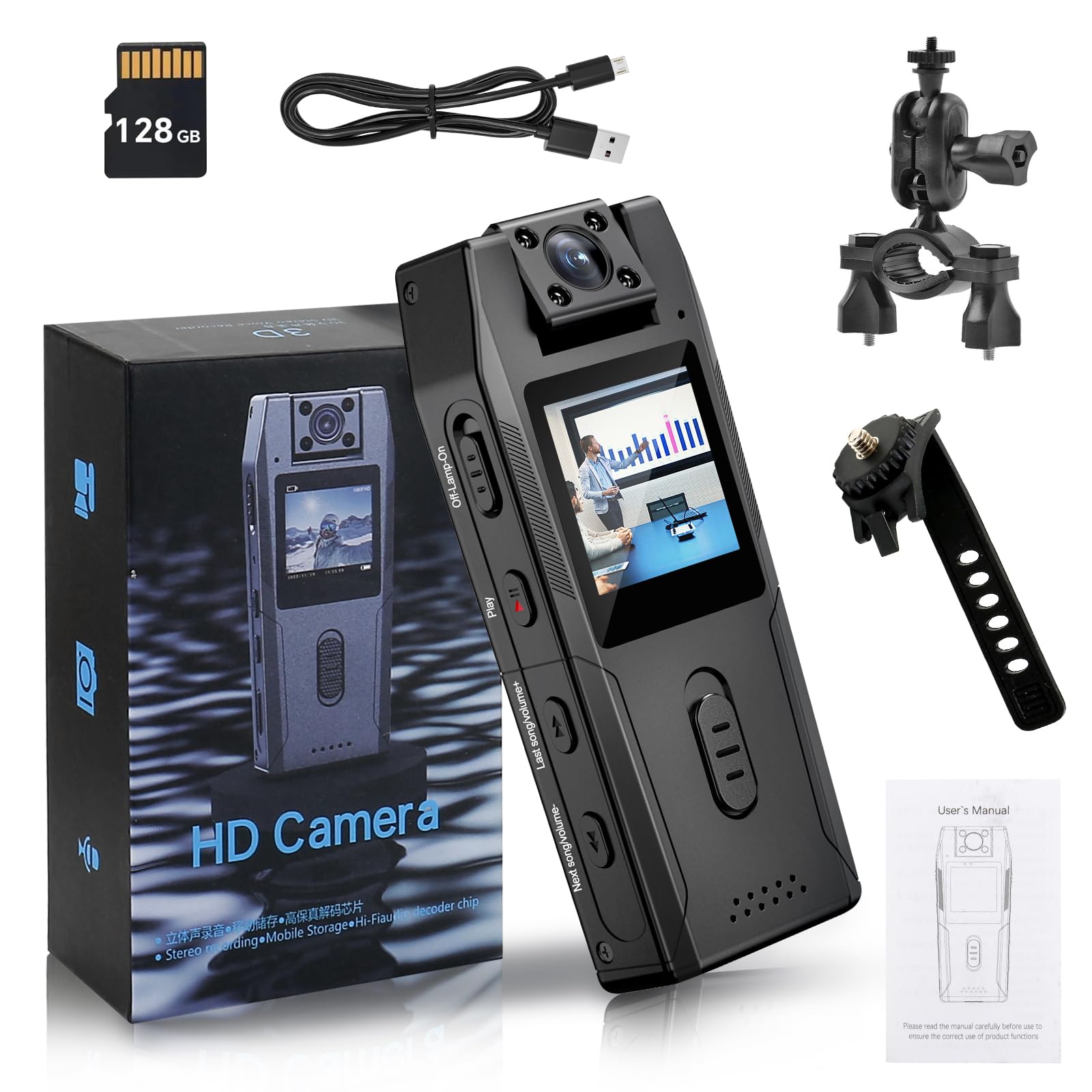 Bodycam Caméra corporelle avec Enregistrement Audio et vidéo, Grand Angle 1080P avec Clip arrière, Objectif 180°, détection de Mouvement de Vision Nocturne pour Un Enregistrement Quotidien/