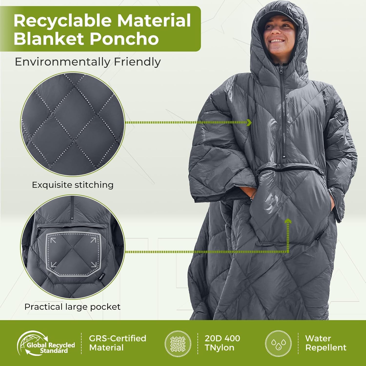 ATEPA Wearable Sleeping Bag, Recycled Water-Resistant Camping Blanket Poncho, Ultralight Packable Stadium Blanket for Outdoor