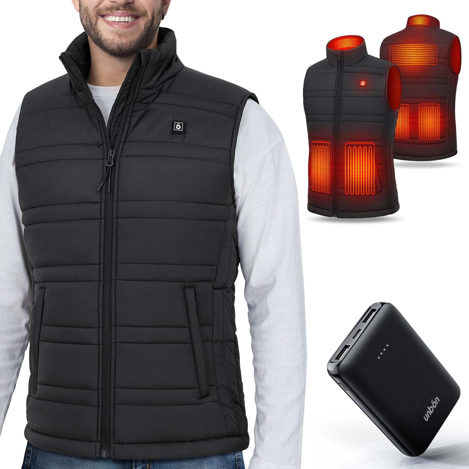 UNBON Gilet Riscaldato Uomo, Giubbotto Riscaldato Uomo con Batteria USB 10000mAh, Gilet Riscaldante Termico 3 Temperature 6 Zone di Calore, Giubbotto Riscaldante Invernale per Moto Caccia Nero S