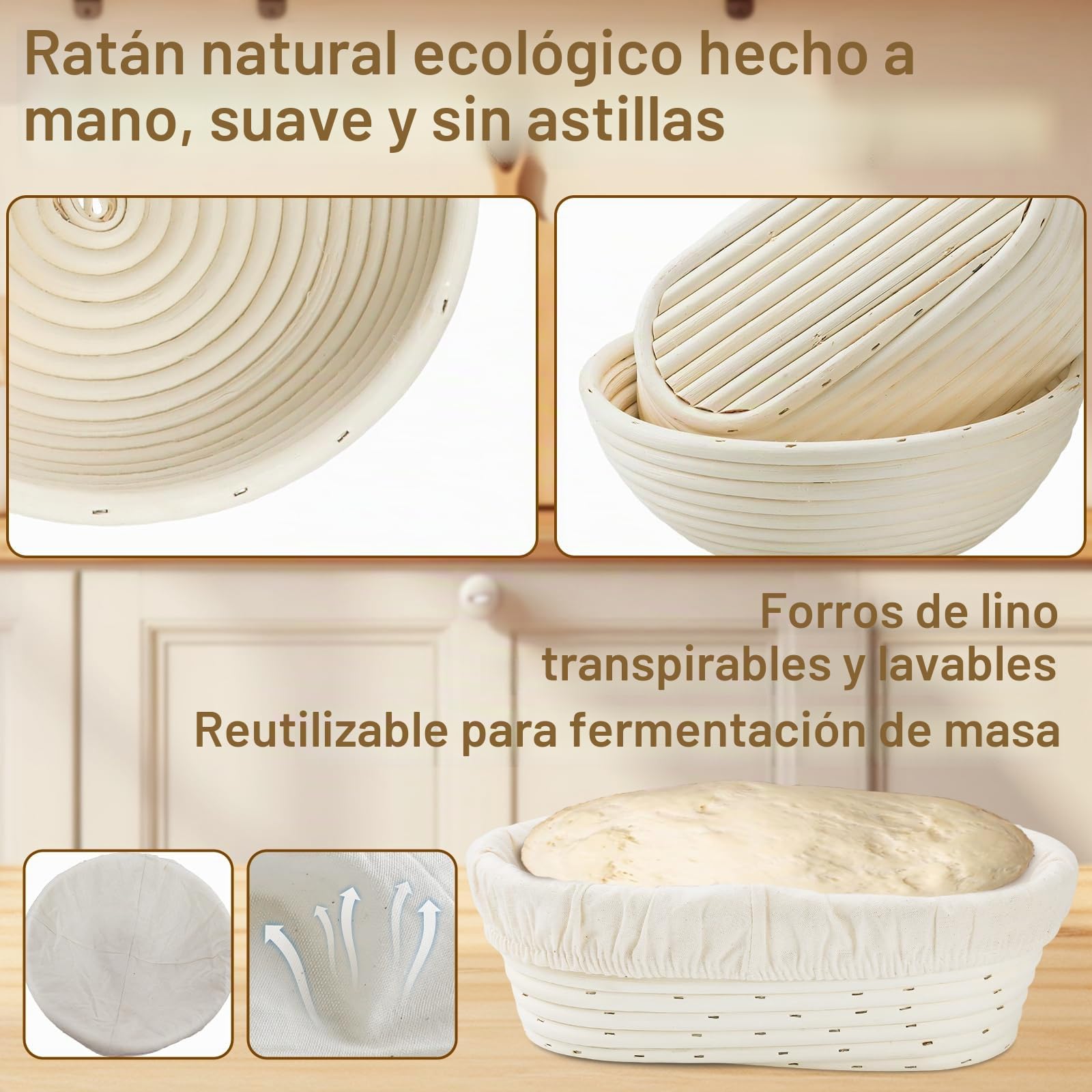 Kit Completo para Masa Madre 12 Piezas:Cesta para Pan Ovalada 25 cm y Cesta Redonda 23 cm,Banda de Silicona para Pan,Tarro de Fermentación para Levadura,Set de Raspadores para Bowl y Masa