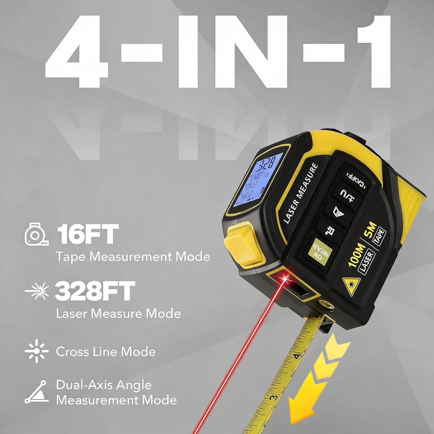 4-in-1 Digital Laser Tape Measure, 16FT Measuring Tape, 328ft Laser Distance Meter, Cross-Line Laser Ruler, Rechargeable, 3000 Uses/Charge, for DIY & Construction