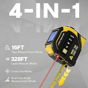4-in-1 Digital Laser Tape Measure, 16FT Measuring Tape, 328ft Laser Distance Meter, Cross-Line Laser Ruler, Rechargeable, 3000 Uses/Charge, for DIY & Construction
