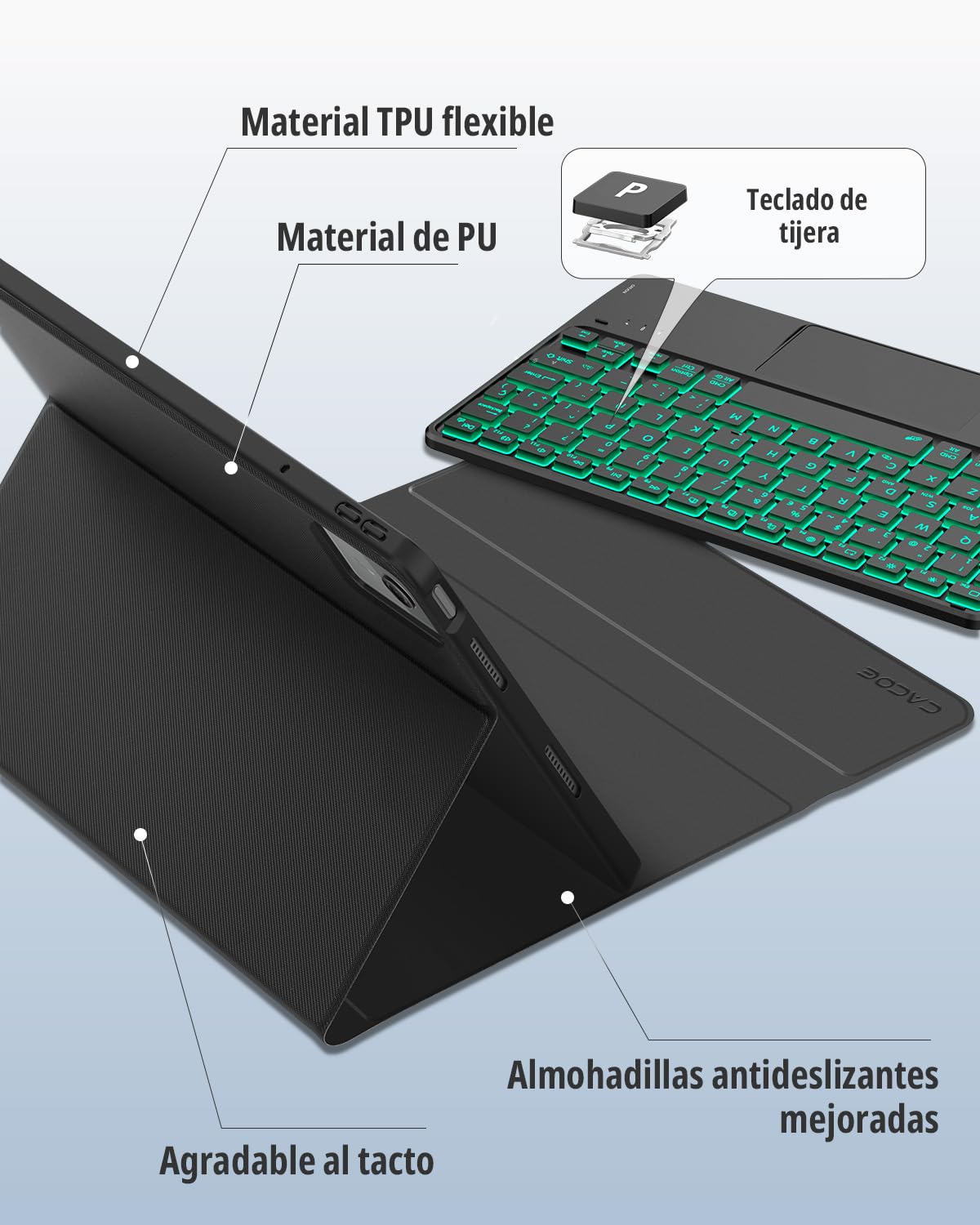CACOE Funda Teclado para Lenovo Idea Tab 2025 de 11 Pulgadas con Touchpad, Iluminación de 7 Colores, [Español] Teclado para TB-336ZU TB-336FU Gen Magnético Desmontable, Negro