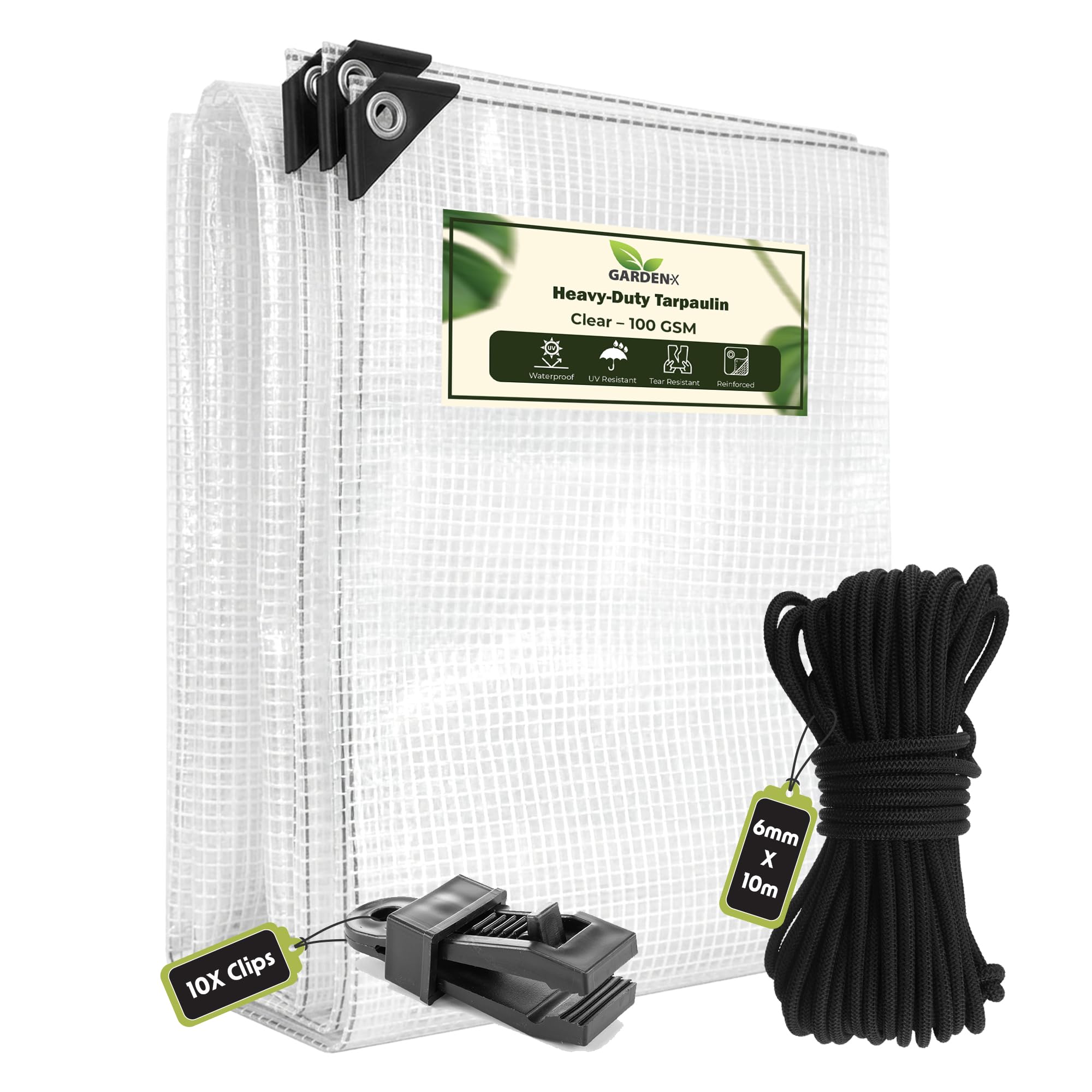 GARDENIX 5m x 5m Clear Heavy Duty 100gsm Tarpaulin Waterproof Transparent Tarp Sheet Cover with Mesh Support, Groundsheet Multipurpose Reinforced+10m of 6mm Bungee Rope +10x Slide Type Tarp Clips