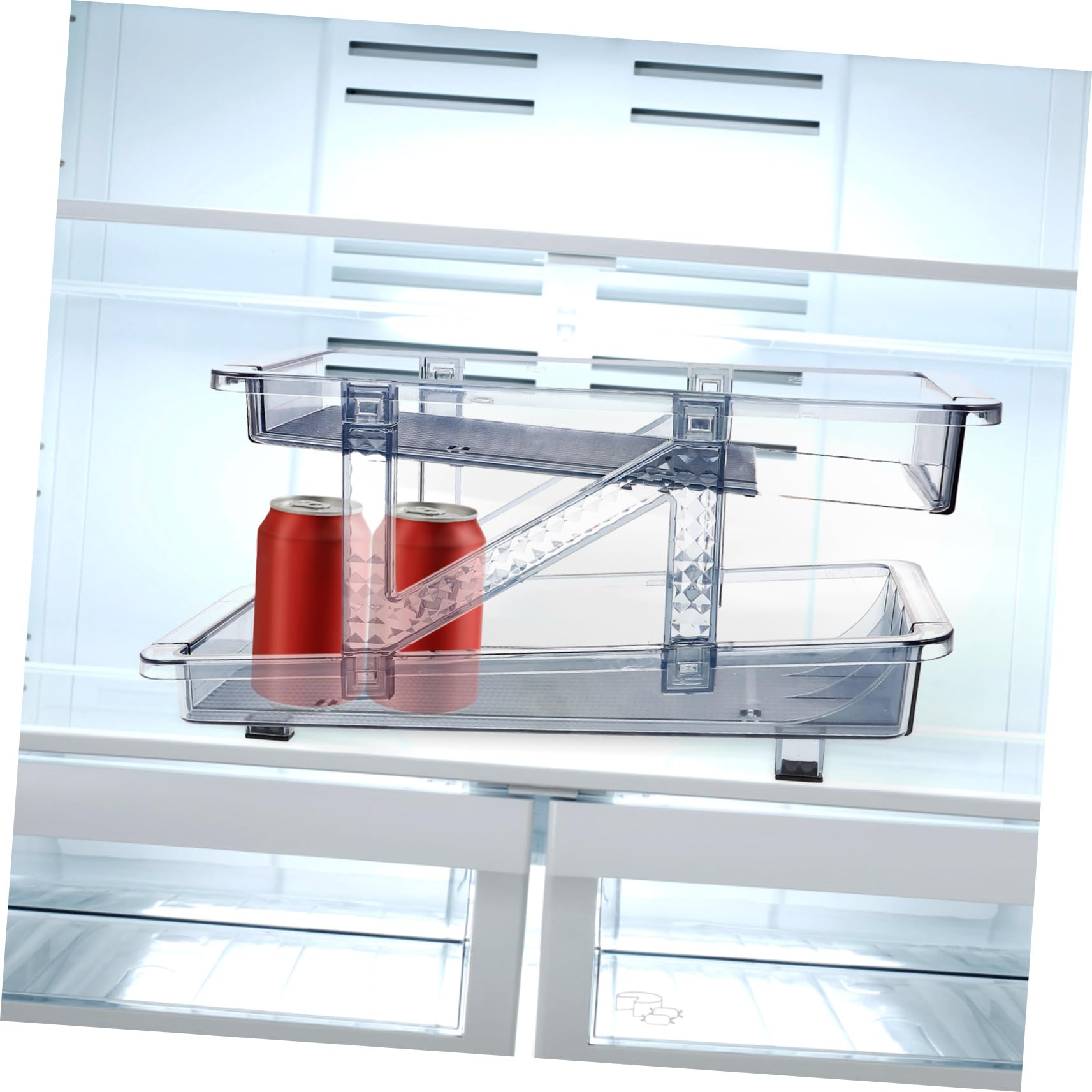 GRIRIW Double Tier Soda Can Dispenser for Refrigerator Stackable Drink Organizer Auto-positioning Pop Can Holder Fridge Can Storage Rack Blue Single Pack