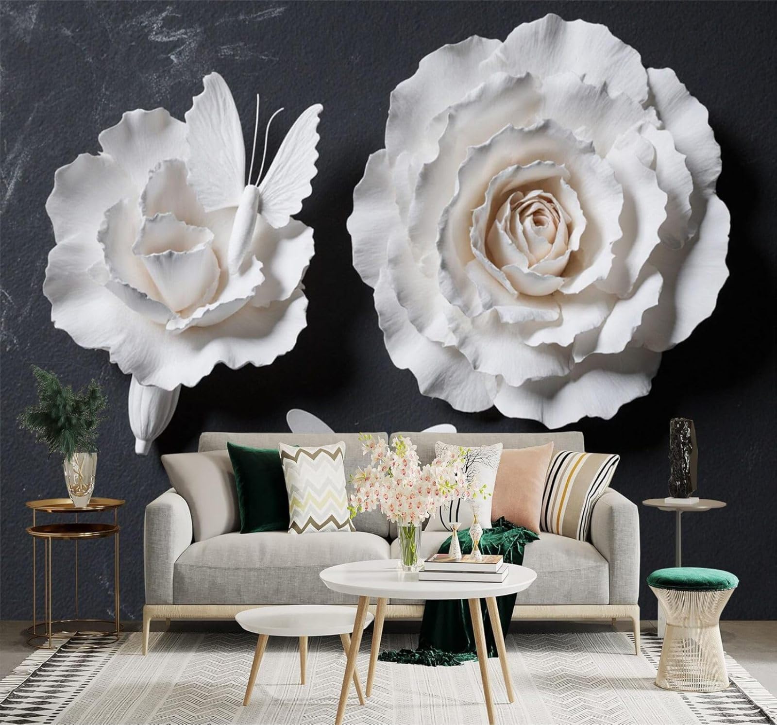 XLMING Minimalist Three Dimensional White Flowers Butterflies Art 3D Wallpaper Silky Texture Home Study Office Grey Dining Room Sofa Bedroom Living Room TV Backdrop-250cm×170cm