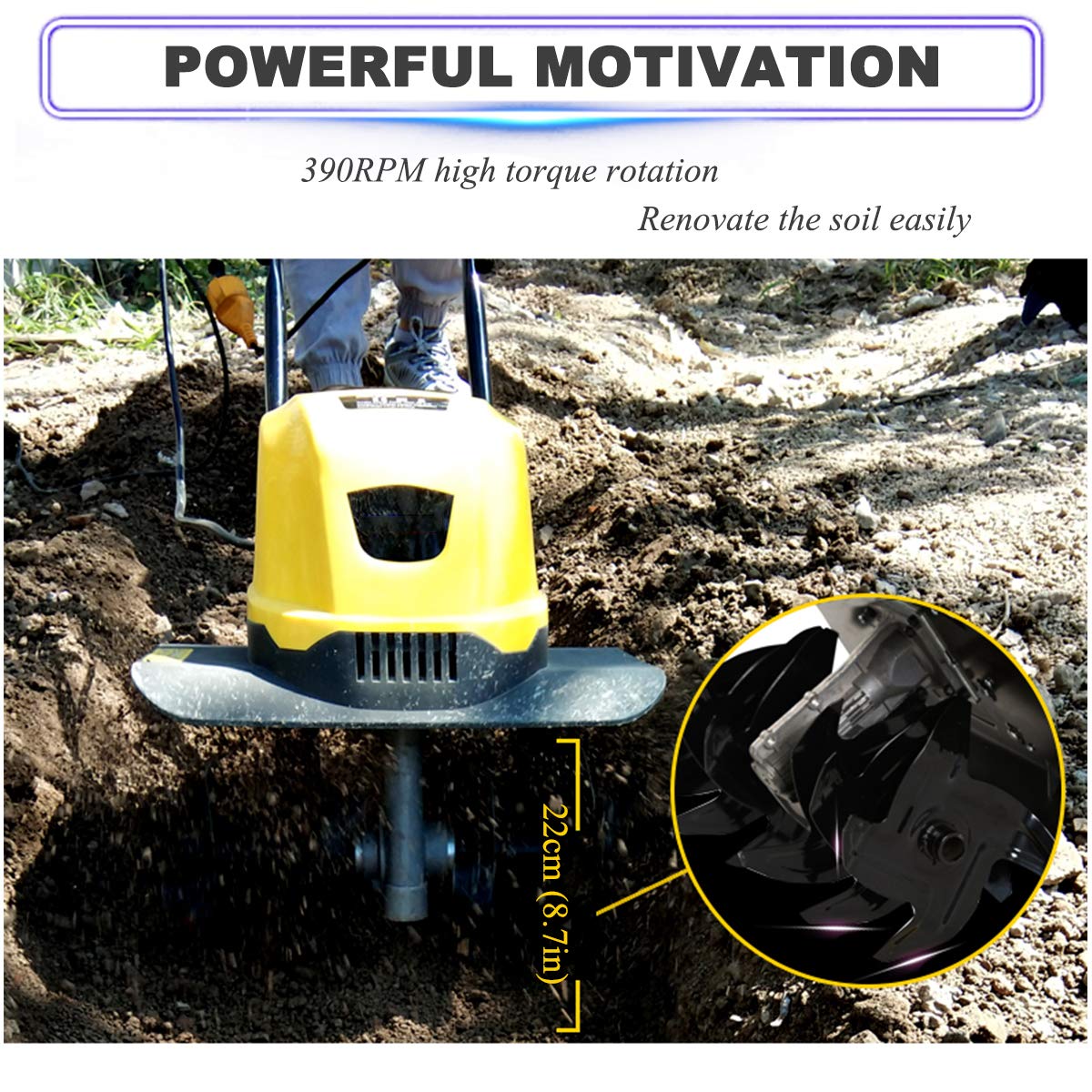 Motoculteur de Jardin, motoculteur électrique 2400 W, motoculteur Pliable dans Le Sens du Sol, Profondeur de Travail 8,7 Pouces, Largeur de Travail 18,9 Pouces, cultivateur de trav
