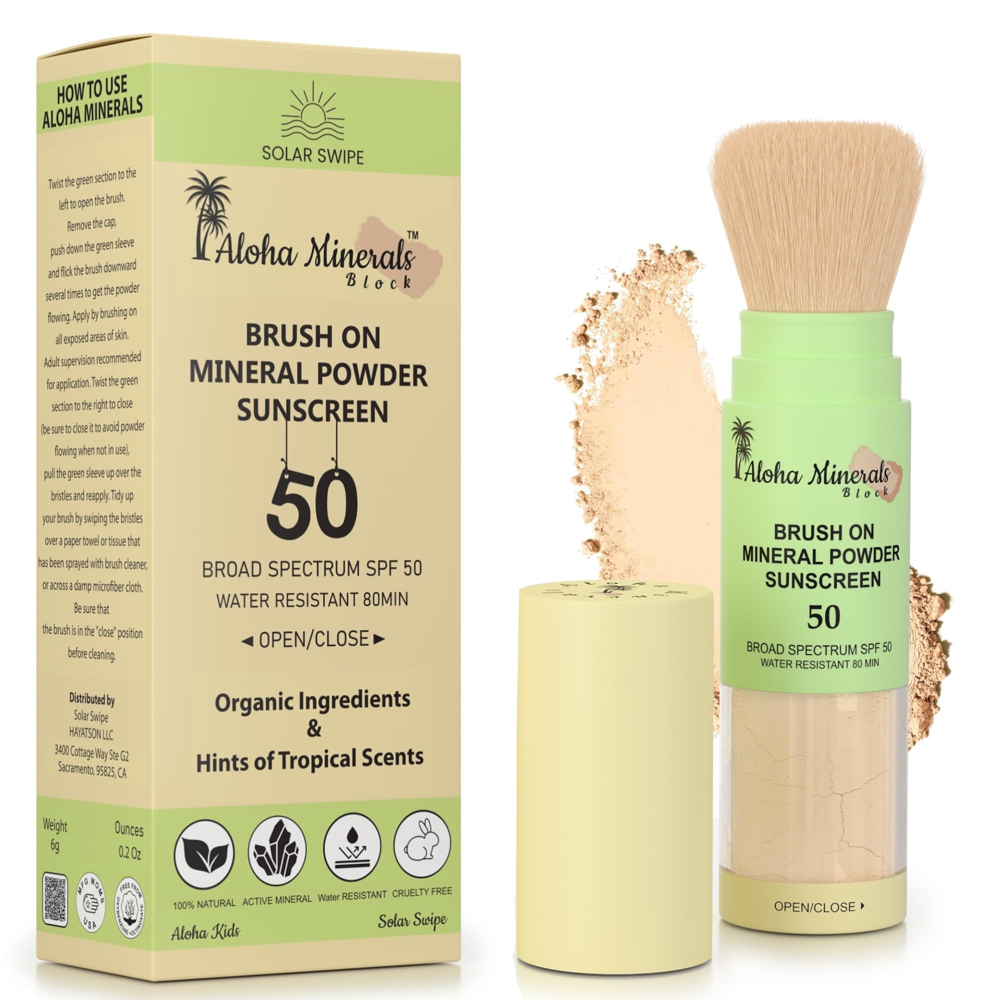 Aloha Minerals Block Brush-On Mineral Powder Sunscreen For Face, SPF 50, Water Resistant, Broad Spectrum, Natural Mineral Blend, Oil Abrosbent, Tropical Scent, Carrot Seed Extract, 0.21oz