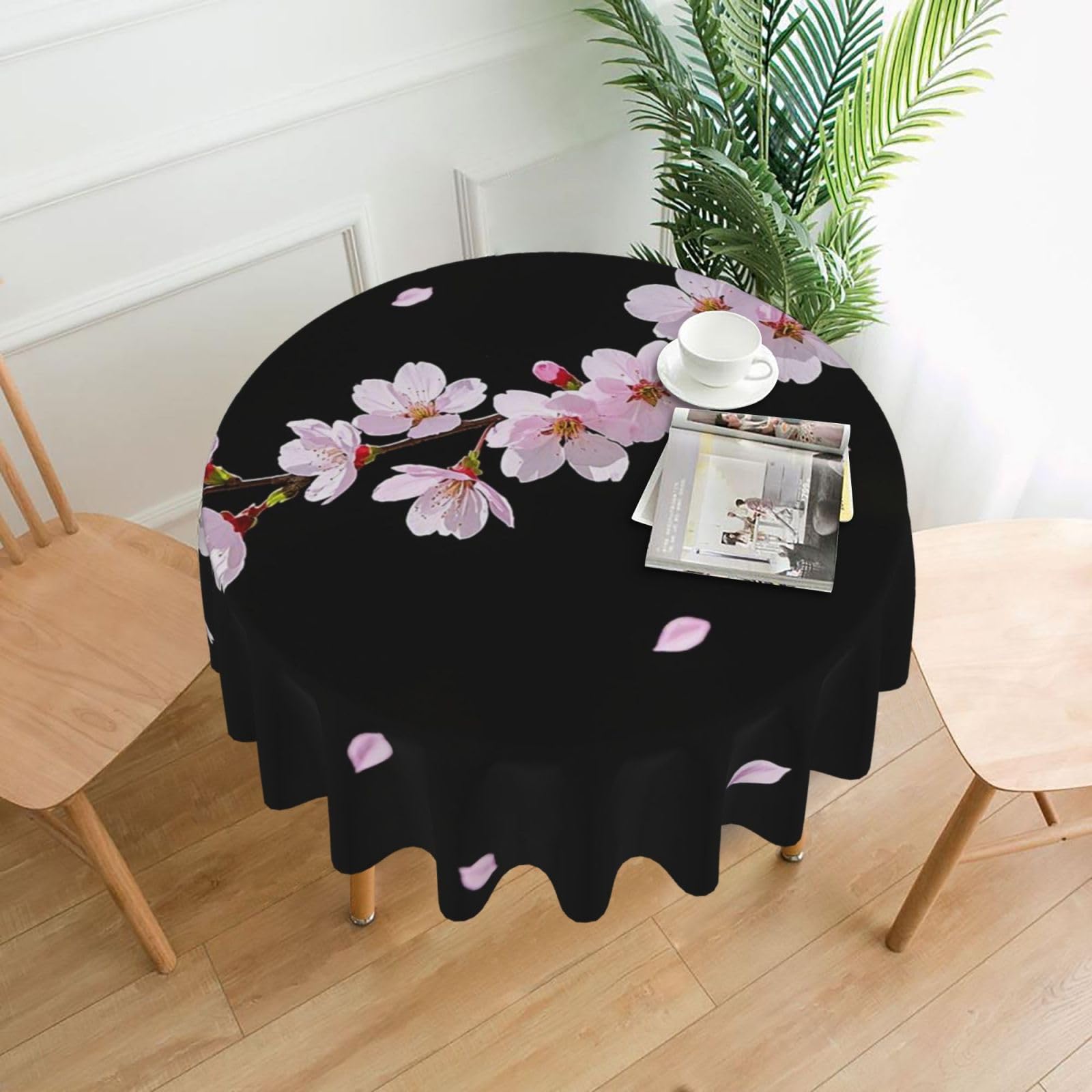 FodPand Falling Petals Cherry Blossoms Tablecloths for Round Tables 60 Inch - Reusable Washable Dining Table Clothes - Stain and Wrinkle Resistant Decorative Fabric Table Cover for Wedding Party