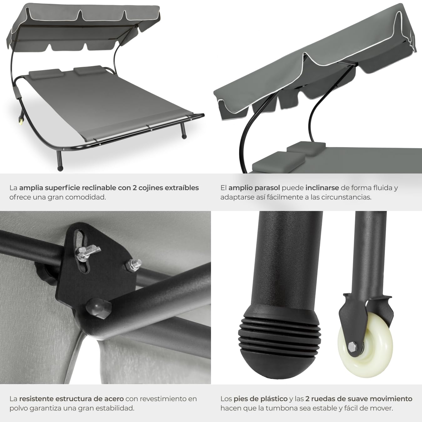 tectake® Tumbona Doble de Jardín, Tumbona de Playa con Parasol Plegable, Tumbonas de Piscina para Dos, para Jardín Exterior con 2 Ruedas y Cojines, Fácil Montaje, Interior y Exterior - Negro/Gris