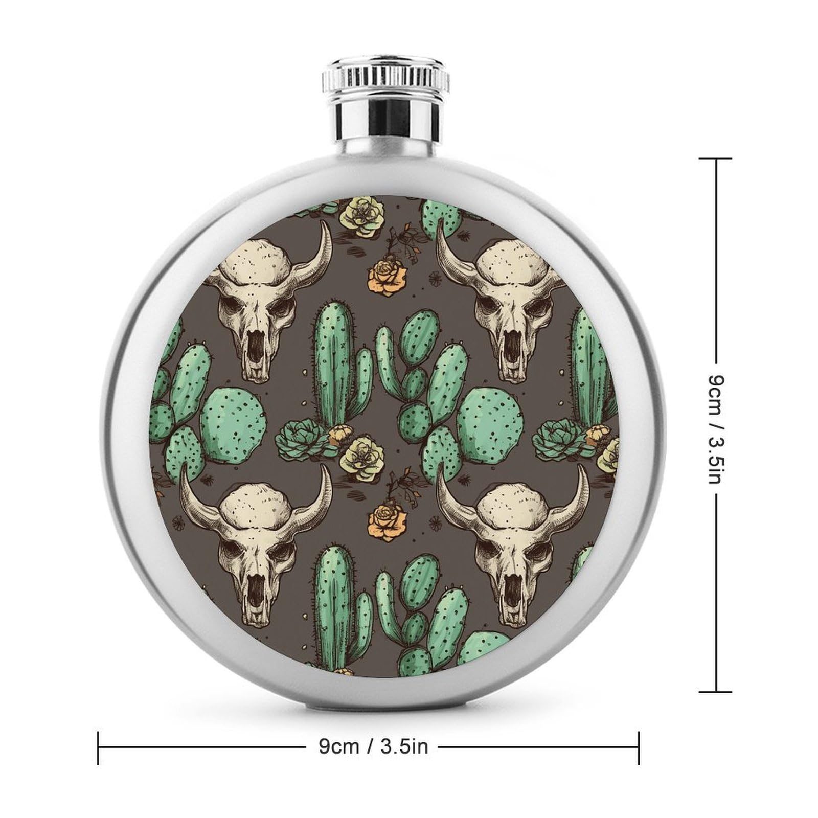 Stainless Steel Wine Bottle Liquor Container Skull of Bull And Cute Cactus Print Leak Proof Hip Flask Durable for Camping Hiking Travel Festivals
