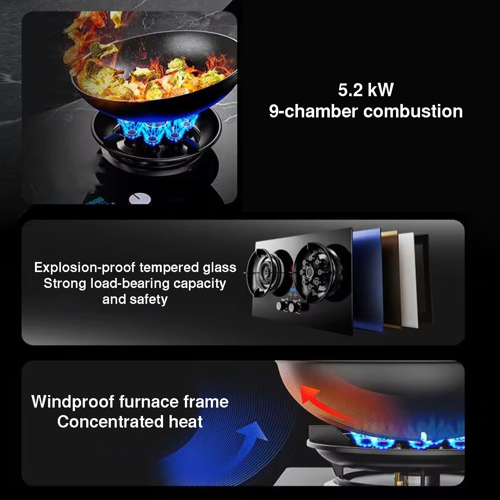 Estufa de gas portátil, 2 quemadores de GLP/cocina natural, quemador wok de alta eficiencia de 5,2 kW, panel de vidrio templado, protección contra fallos de llama