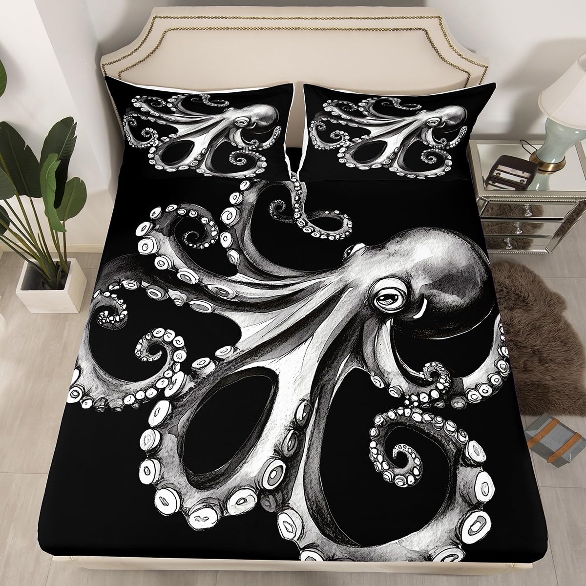 Erosebridal Ocean Octopus Fitted Sheet Twin Size Abstract Marine Life Animal Bedding Set, Underwater World Bed Sheets for Kids Teens Adult, Bed Cover Dorm Room Decorations, Black Grey