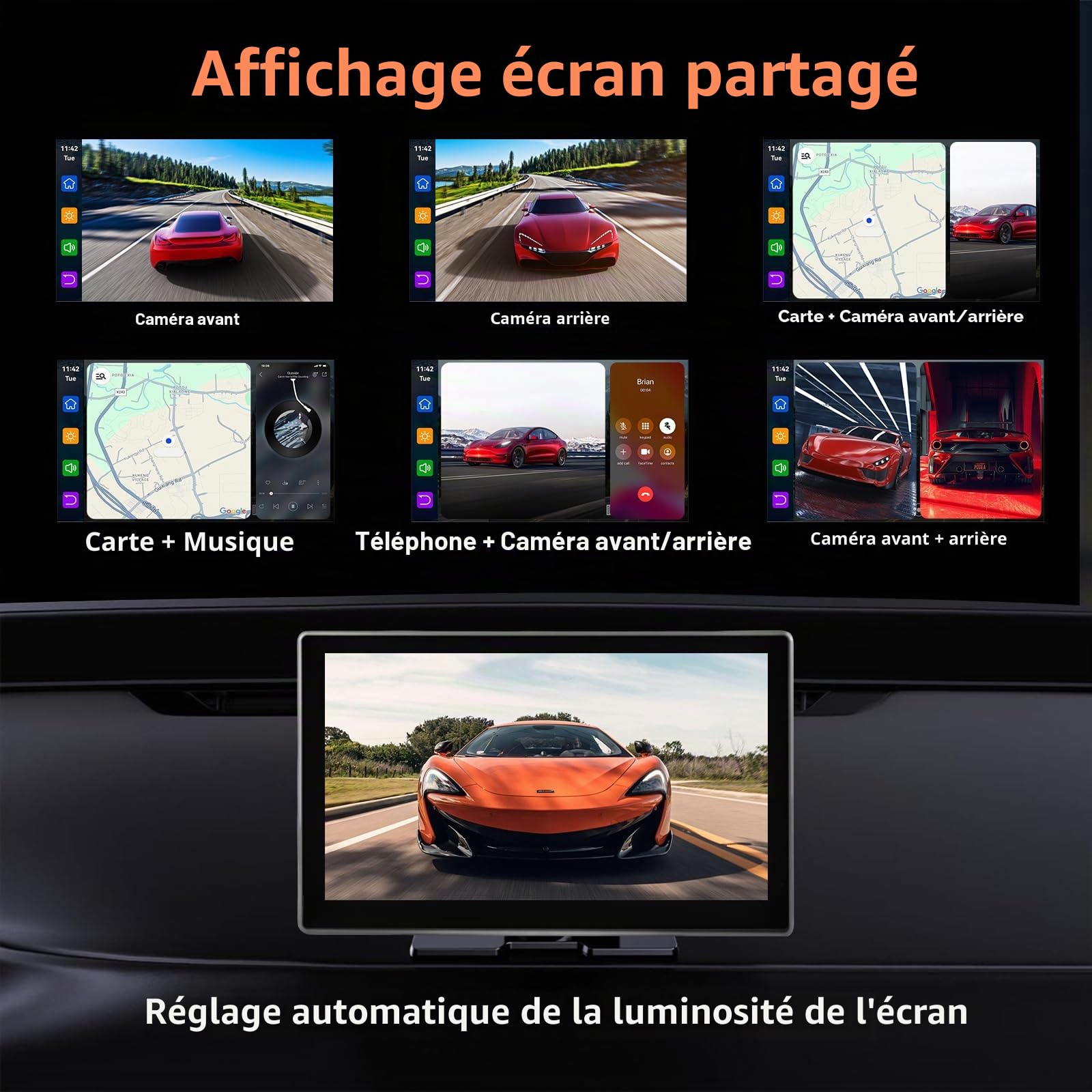 Écran de voiture portable 9" CarPlay/Android Écran tactile IPS HD avec caméra embarquée 4K et caméra de recul 1080p, Commande vocale BT FM Mirror Link pour tous les véhicules