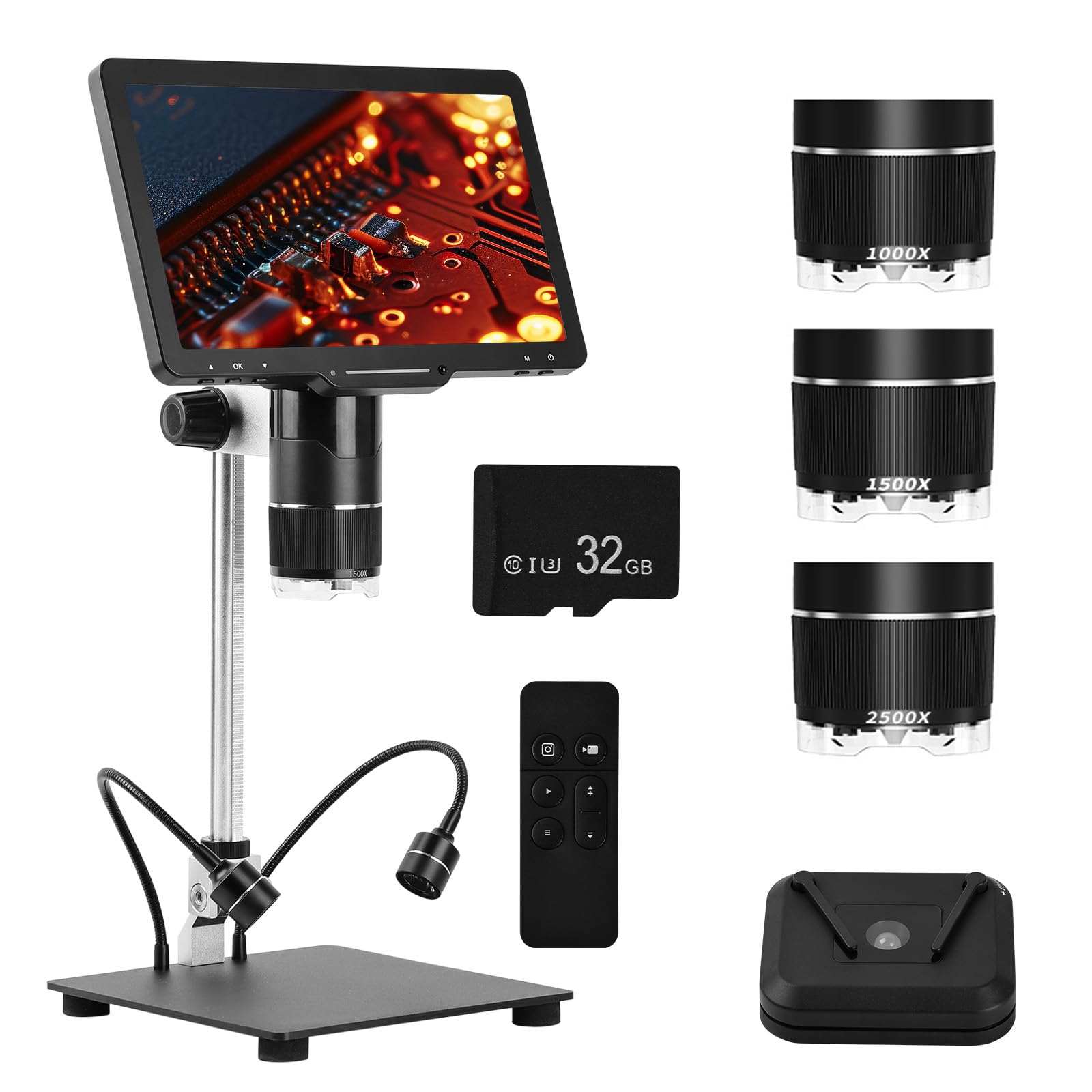 Microscopio digitale Pro con display IPS da 10,1 pollici, 3 obiettivi (1000X-2500X) per saldatura e biologia, fotocamera 2K, anello luminoso a 144 LED, HDMI/USB, 32 GB per bambini e professionisti