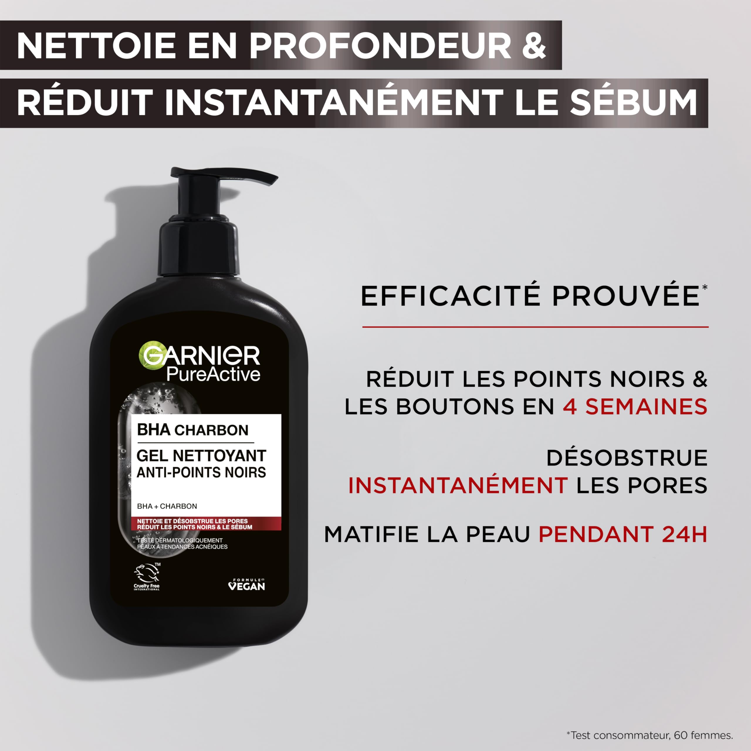 Garnier Pure Active - Gel Nettoyant Charbon - Réduit Points Noirs & Boutons - Nettoie & Désincruste les Pores - BHA & Charbon - Vegan & Cruelty Free - Peaux à Tendance Acnéiques - 250 ml