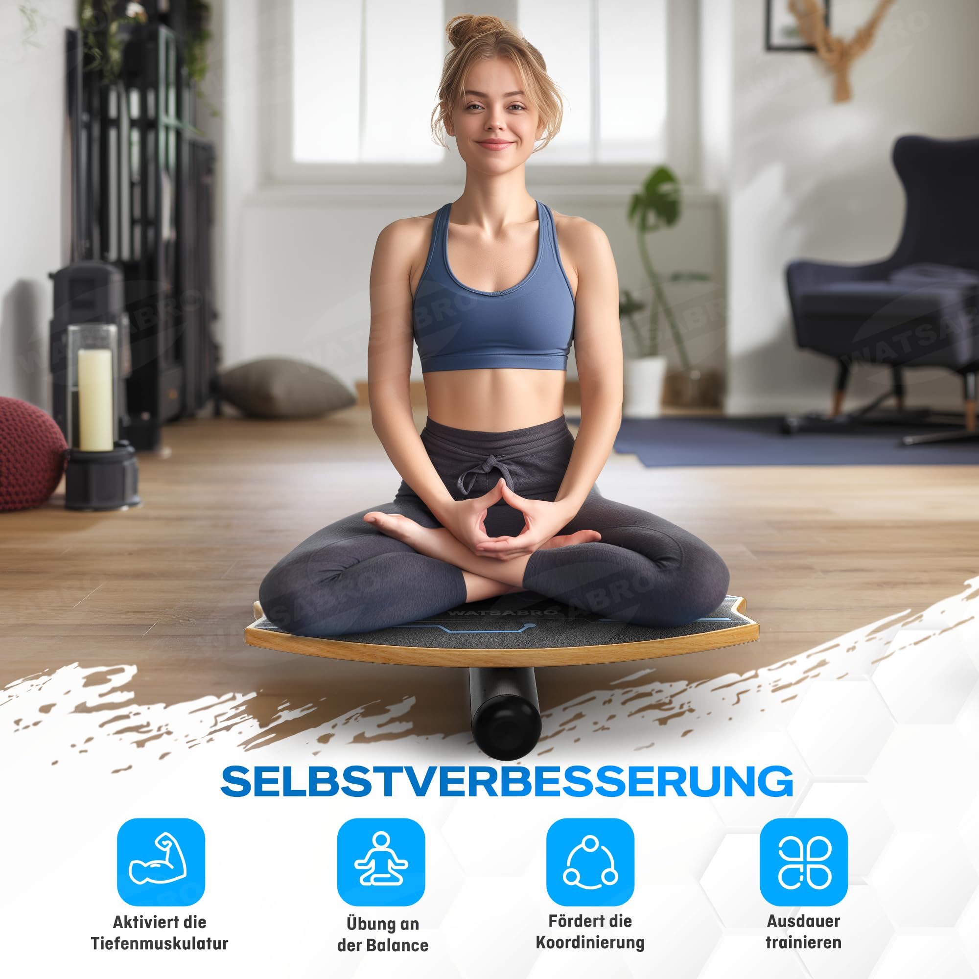 WATSABRO Balance Board, Surf Balance Board mit Verstellbaren Stoppern | Rutschfest Gleichgewichtstrainer für Einsteiger & Profis, Echtholz Balanceboard für Kinder Erwachsene inklusive Rolle & Ball