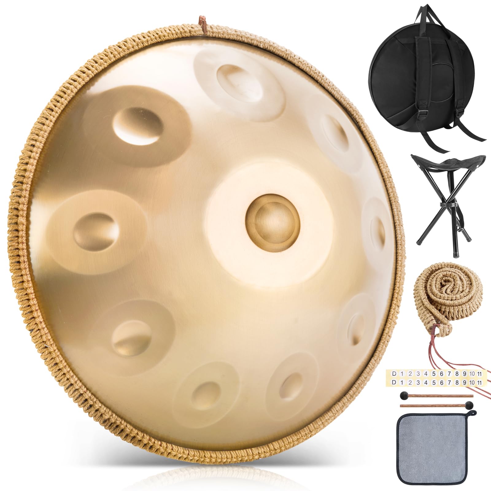 Handpan, strumento da 22 pollici, 10 note, 432 Hz, Hand Pan, Handpan Drum in Re minore, con borsa per tamburo, bacchette, supporto Steel Pan, per principianti, professionisti, musicoterapia