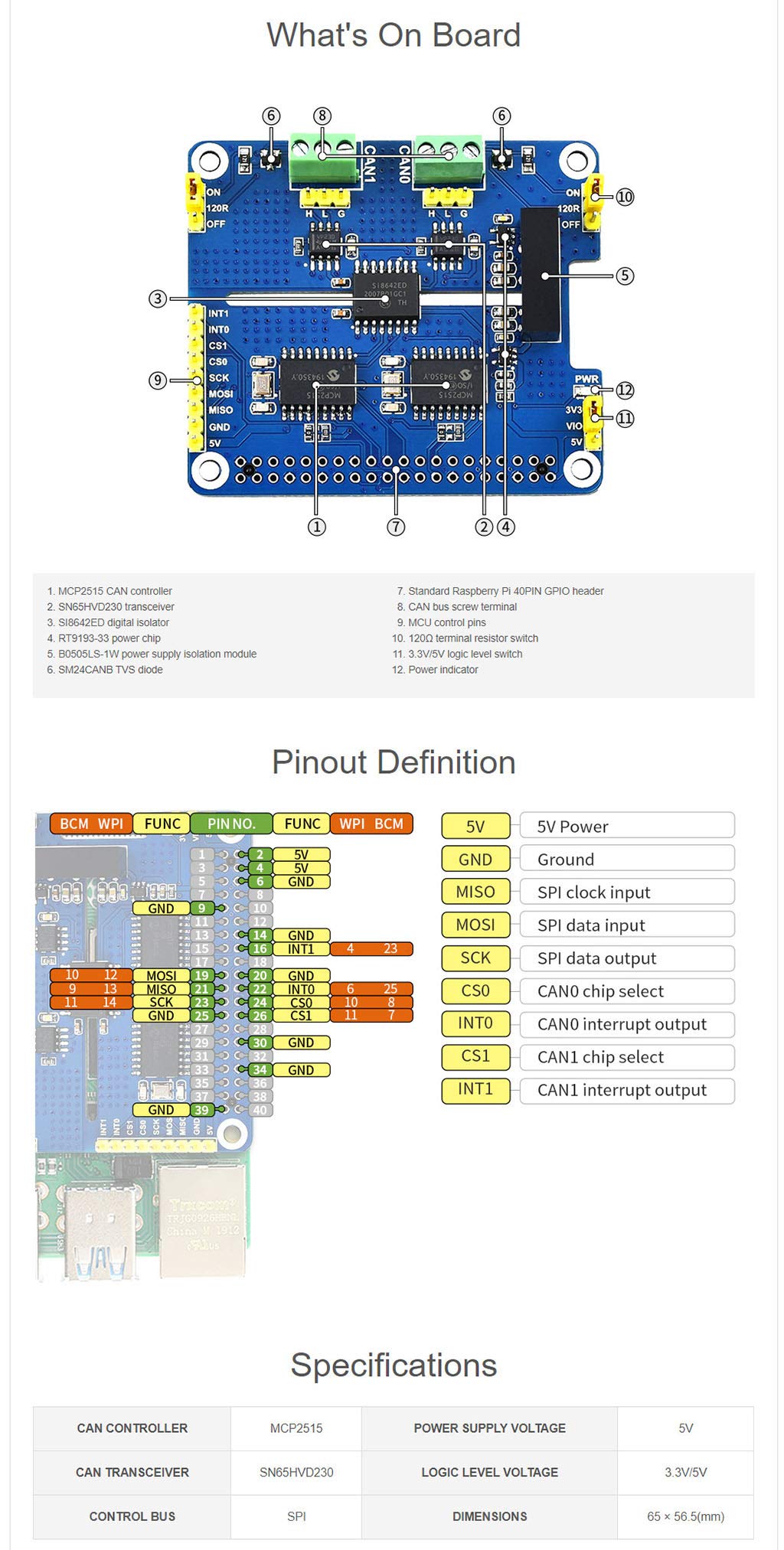MCP2515 SN65HVD230 2-Channel Isolated CAN Bus HAT for Raspberry Pi, 3.3V/5V Jumper, 120Ω Resistor